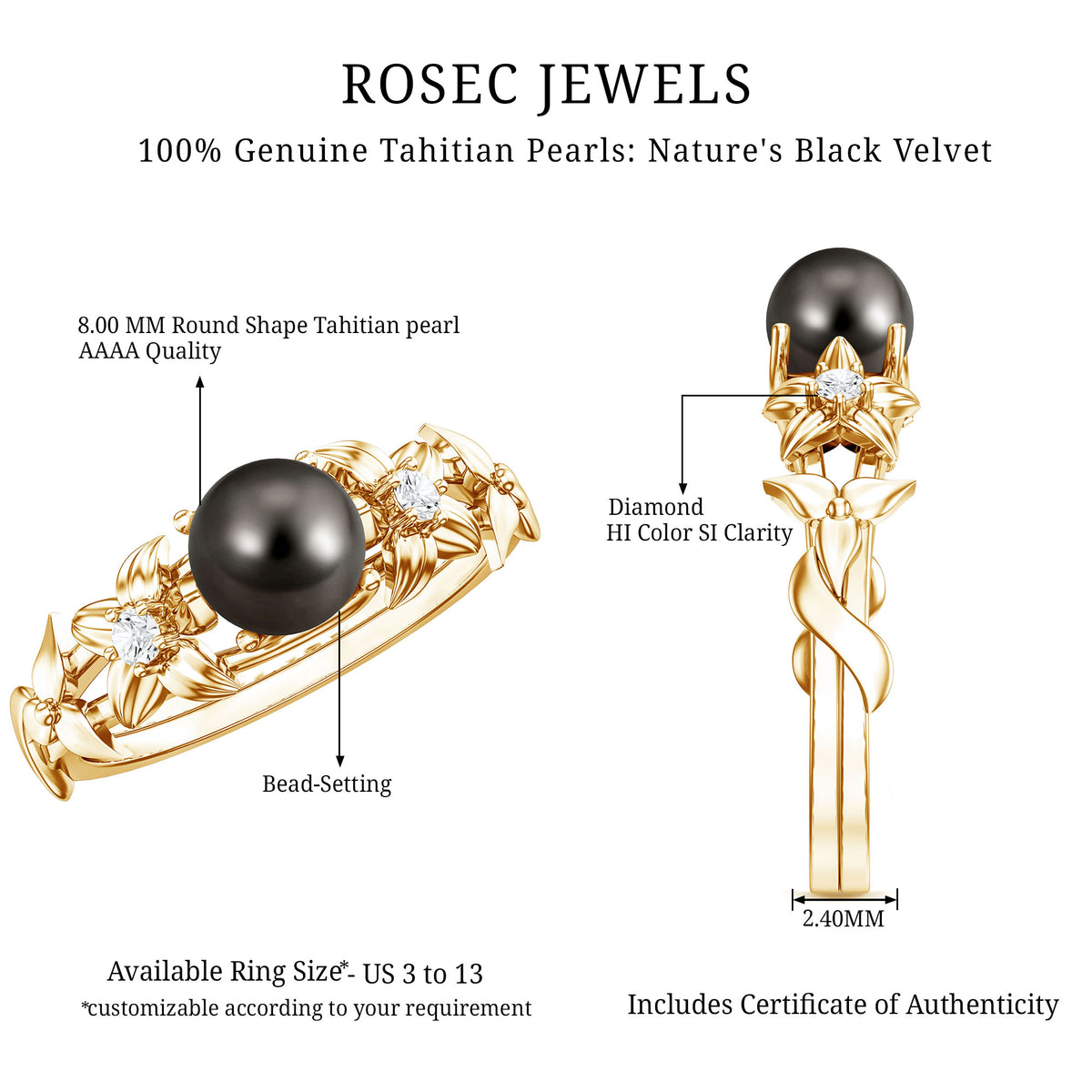 7.5 Carat Genuine Tahitian Black Pearl Flower Engagement Ring with Diamond AAA - Rosec Jewels