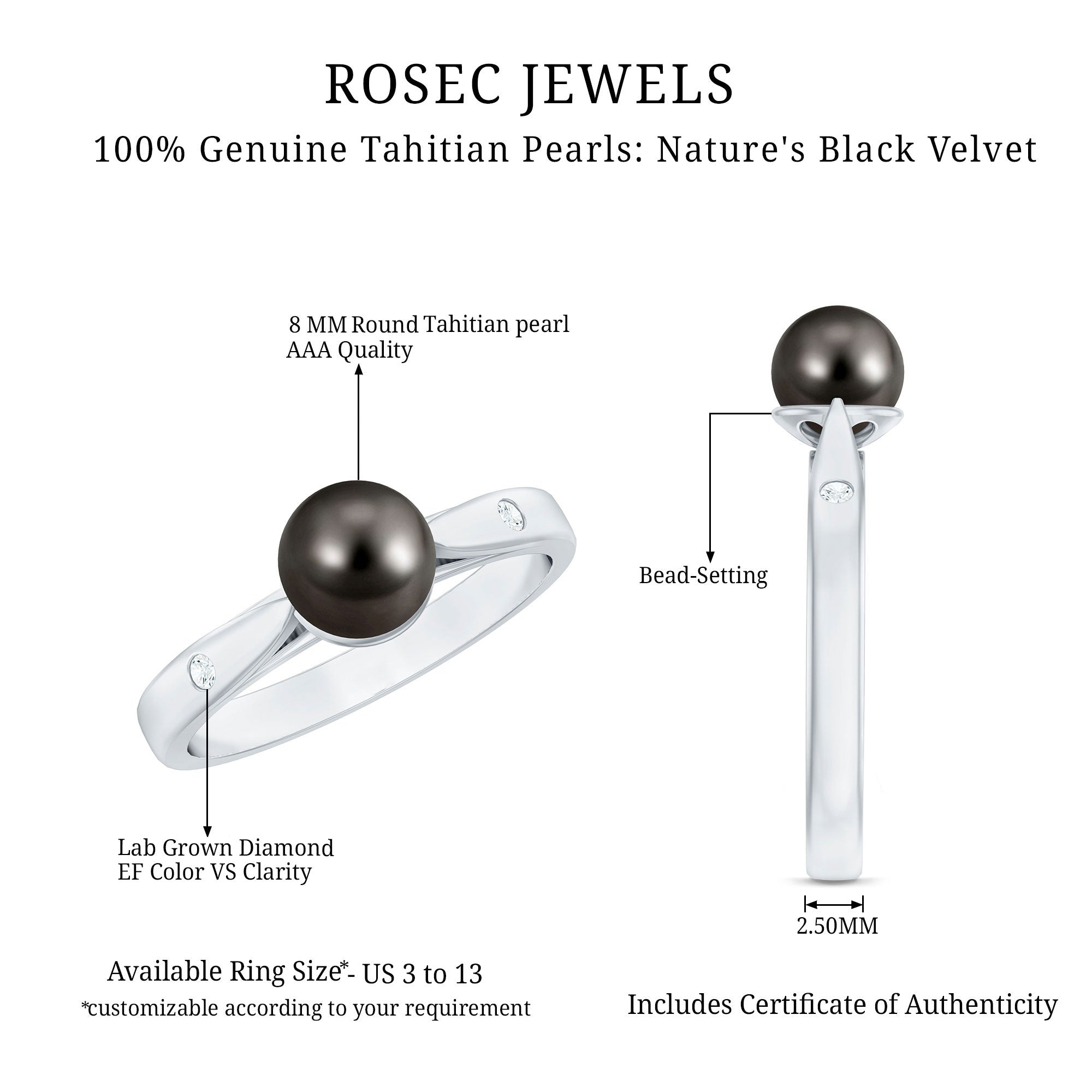 Rosec Jewels-Solitaire Black Tahitian Pearl Engagement Ring with Certificate