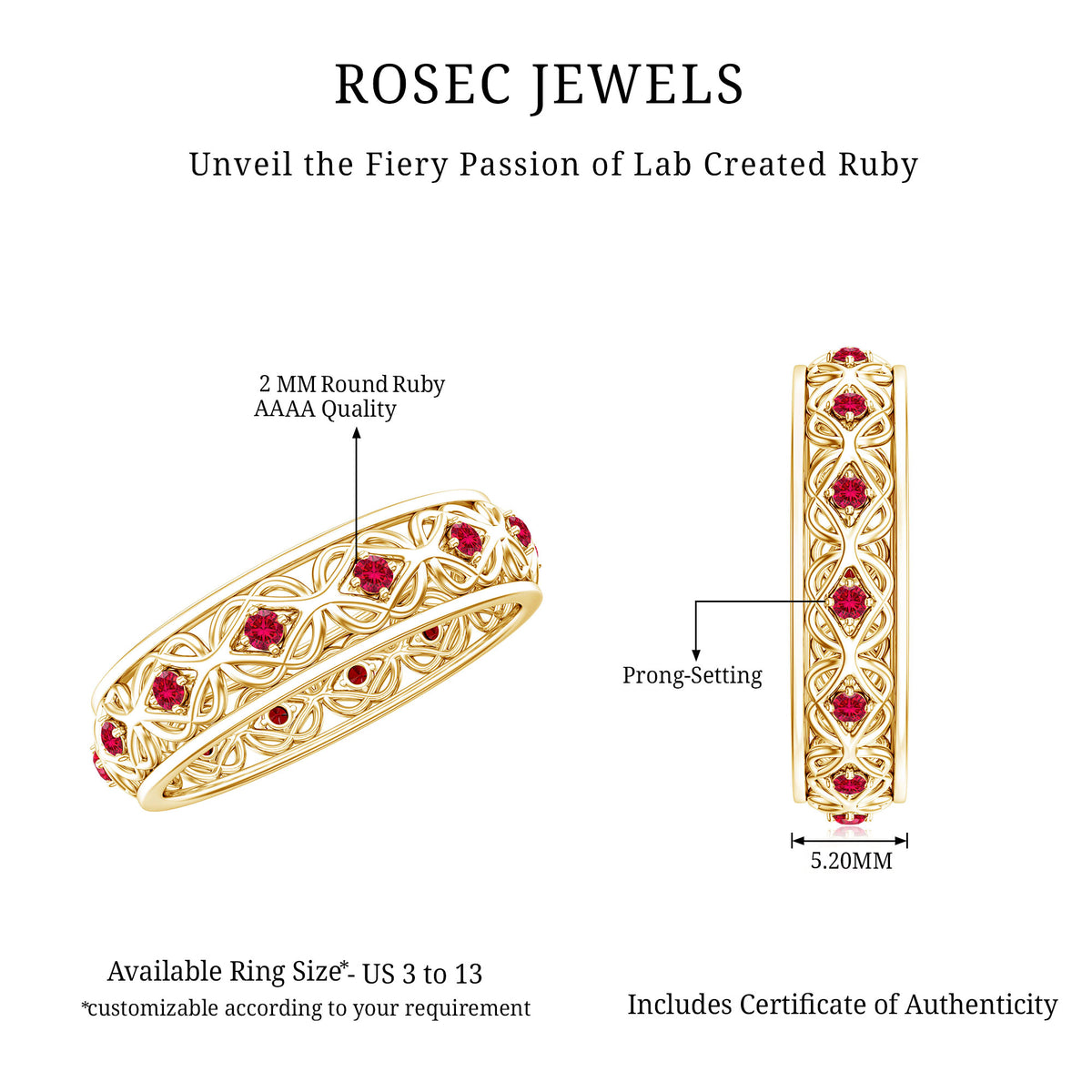 Vintage Style Lab Created Ruby Celtic Wedding Band with Certificate AAAA - Rosec Jewels
