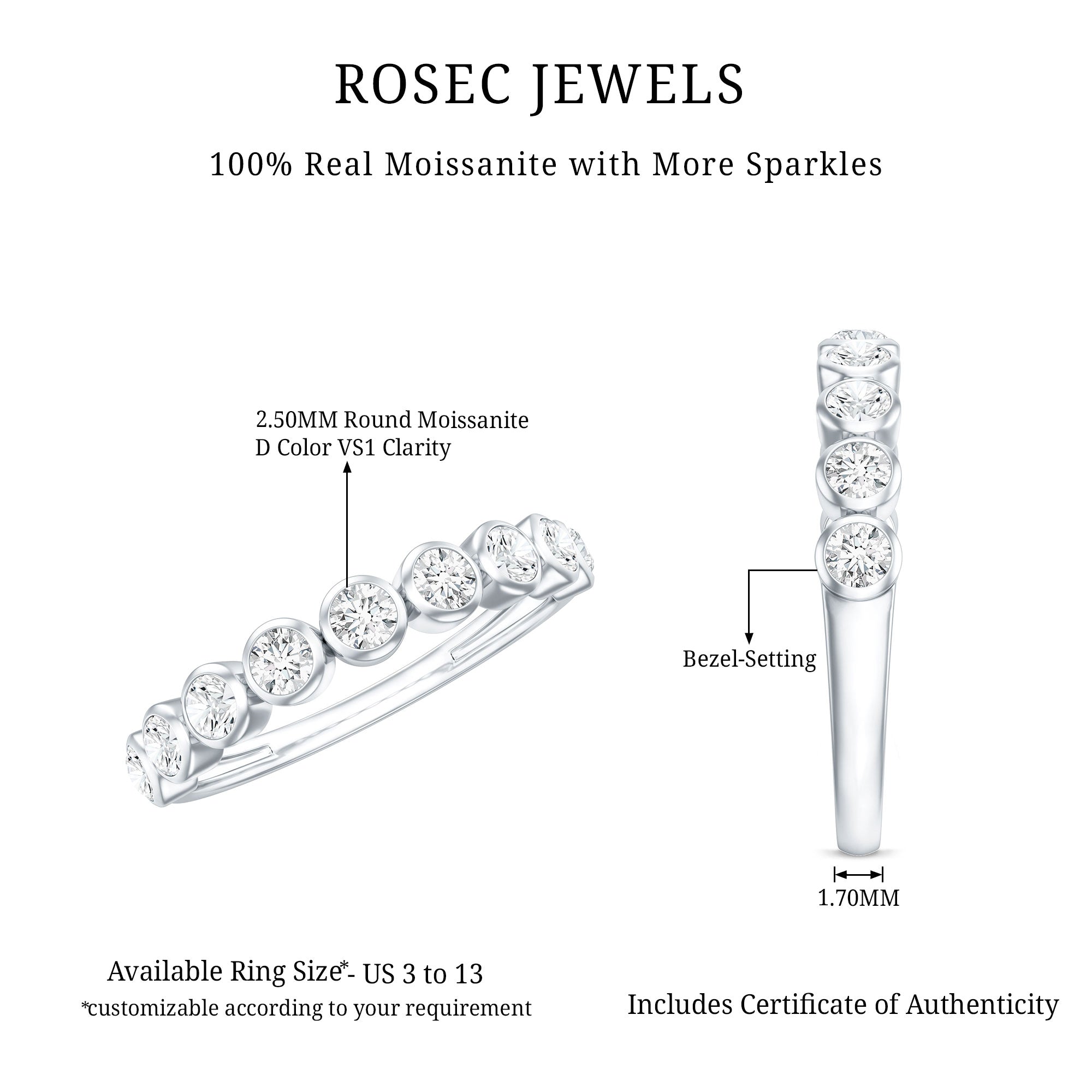 Bezel Set Moissanite Half Eternity Band Ring D-VS1 - Rosec Jewels