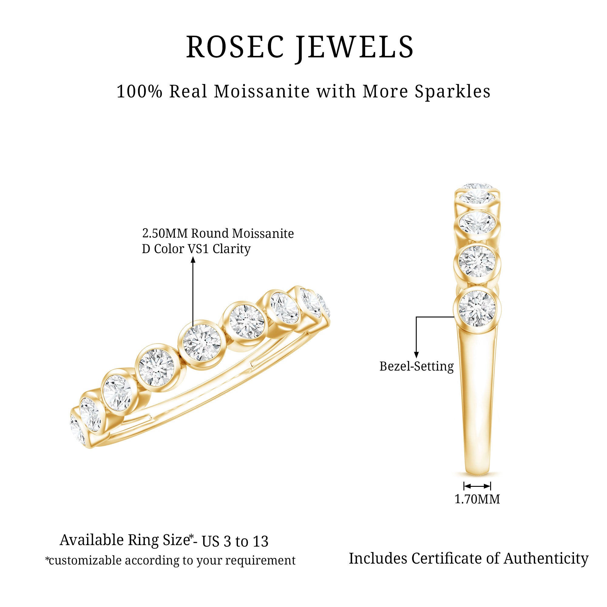 Bezel Set Moissanite Half Eternity Band Ring D-VS1 - Rosec Jewels