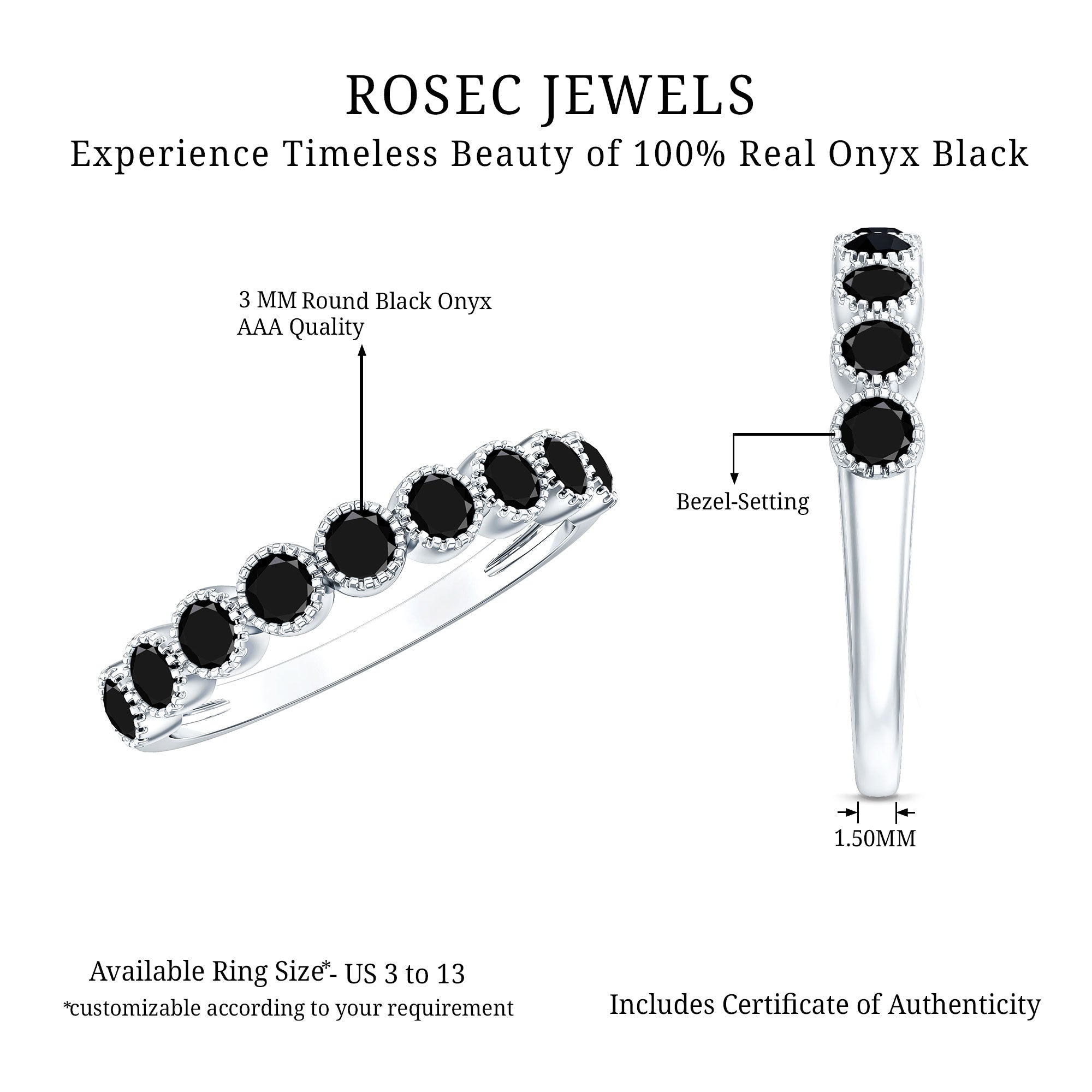 Beaded Bezel Set Black Onyx Half Eternity Wedding Band AAA - Rosec Jewels