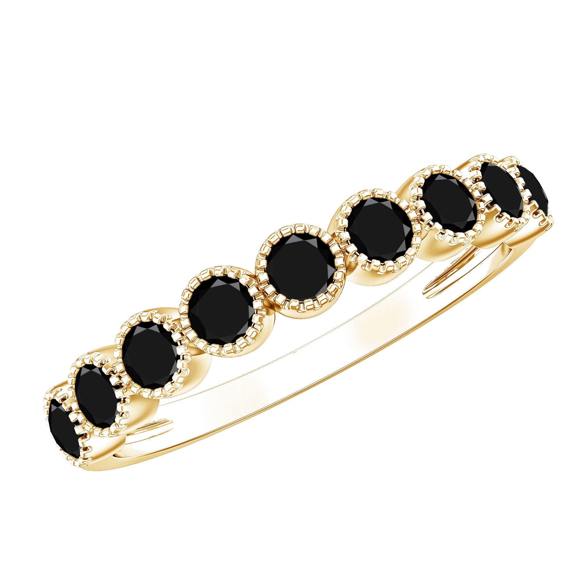Beaded Bezel Set Black Onyx Half Eternity Wedding Band AAA - Rosec Jewels
