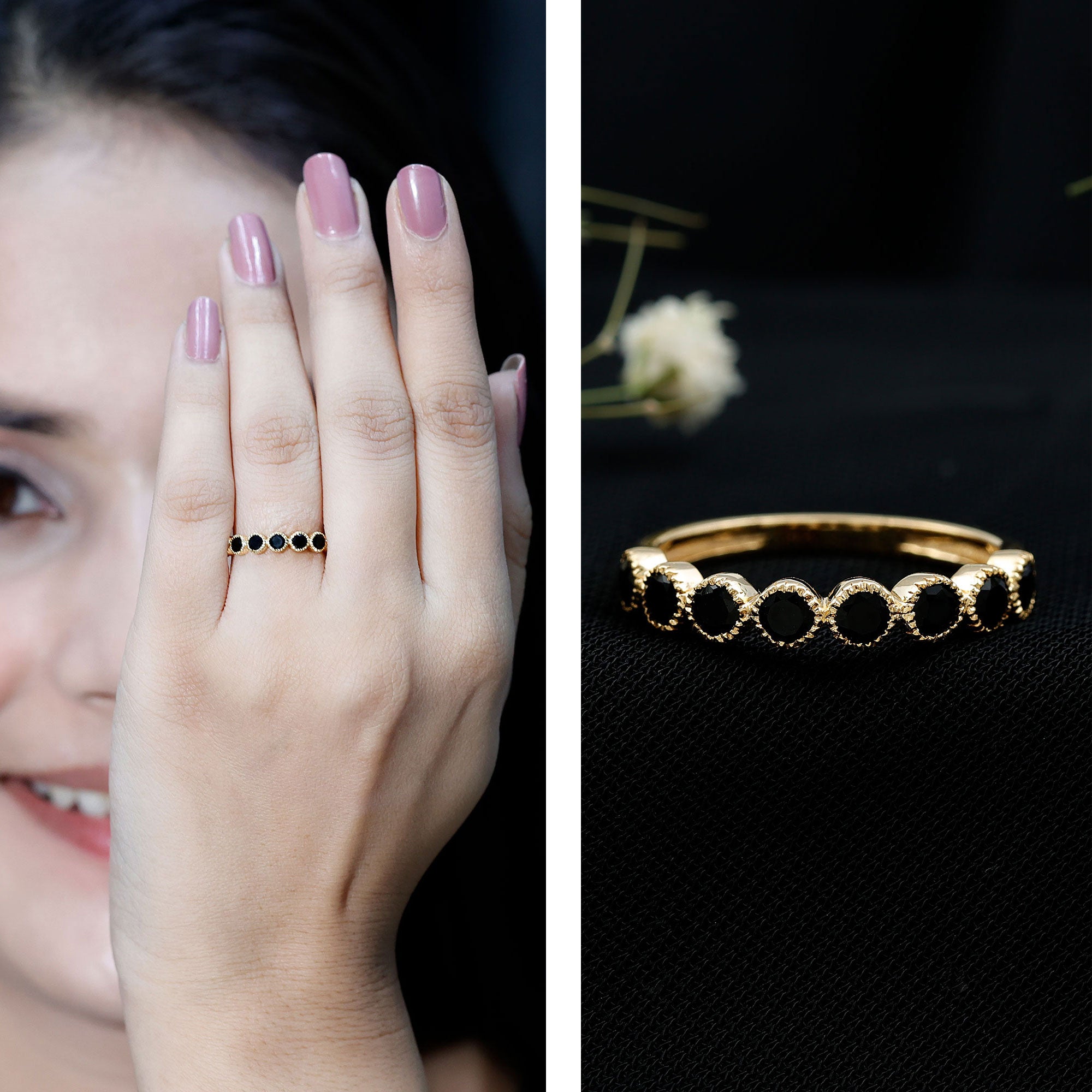Beaded Bezel Set Black Onyx Half Eternity Wedding Band AAA - Rosec Jewels