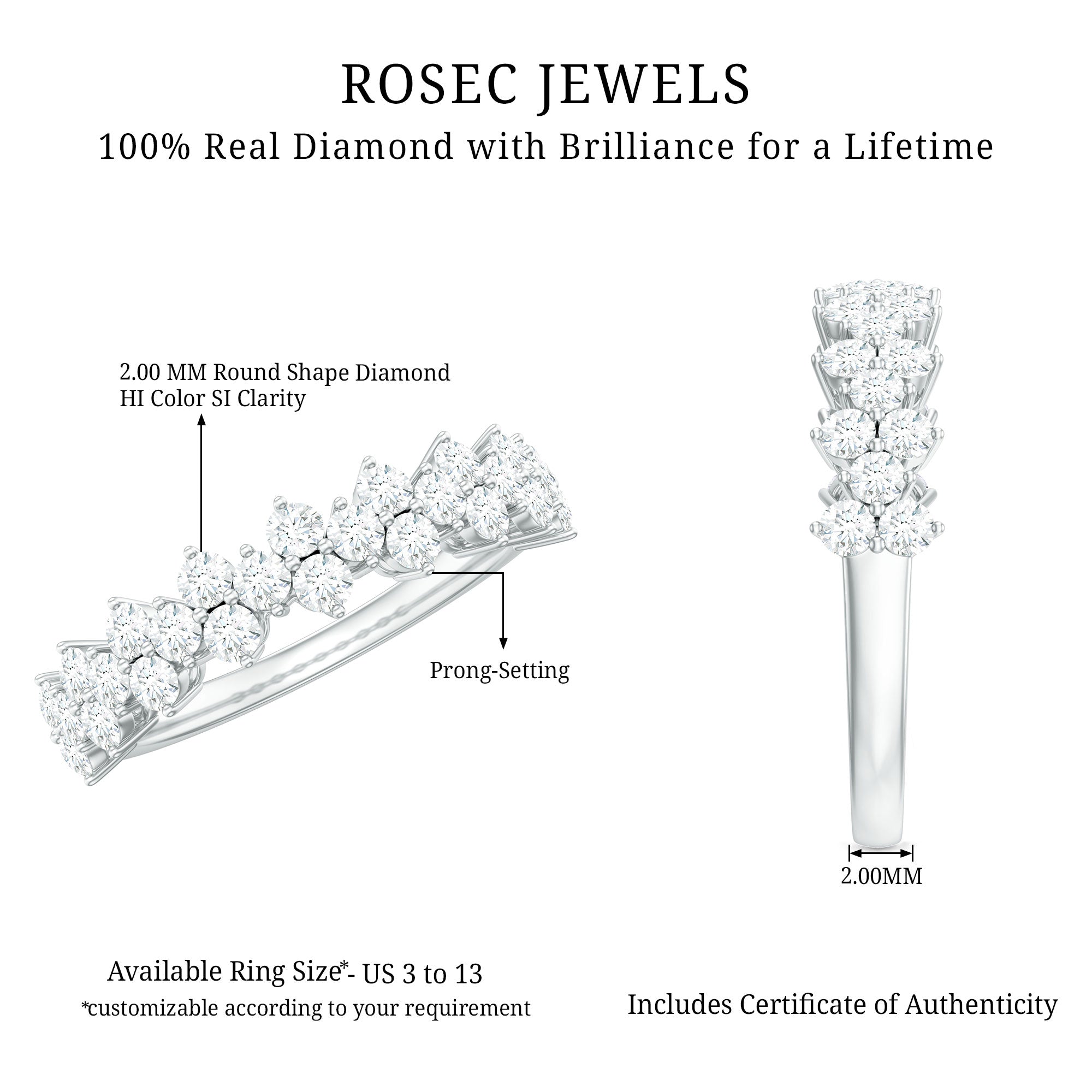 Natural Diamond Half Eternity Wedding Band with Certificate Natural - ( HI-SI ) - Rosec Jewels