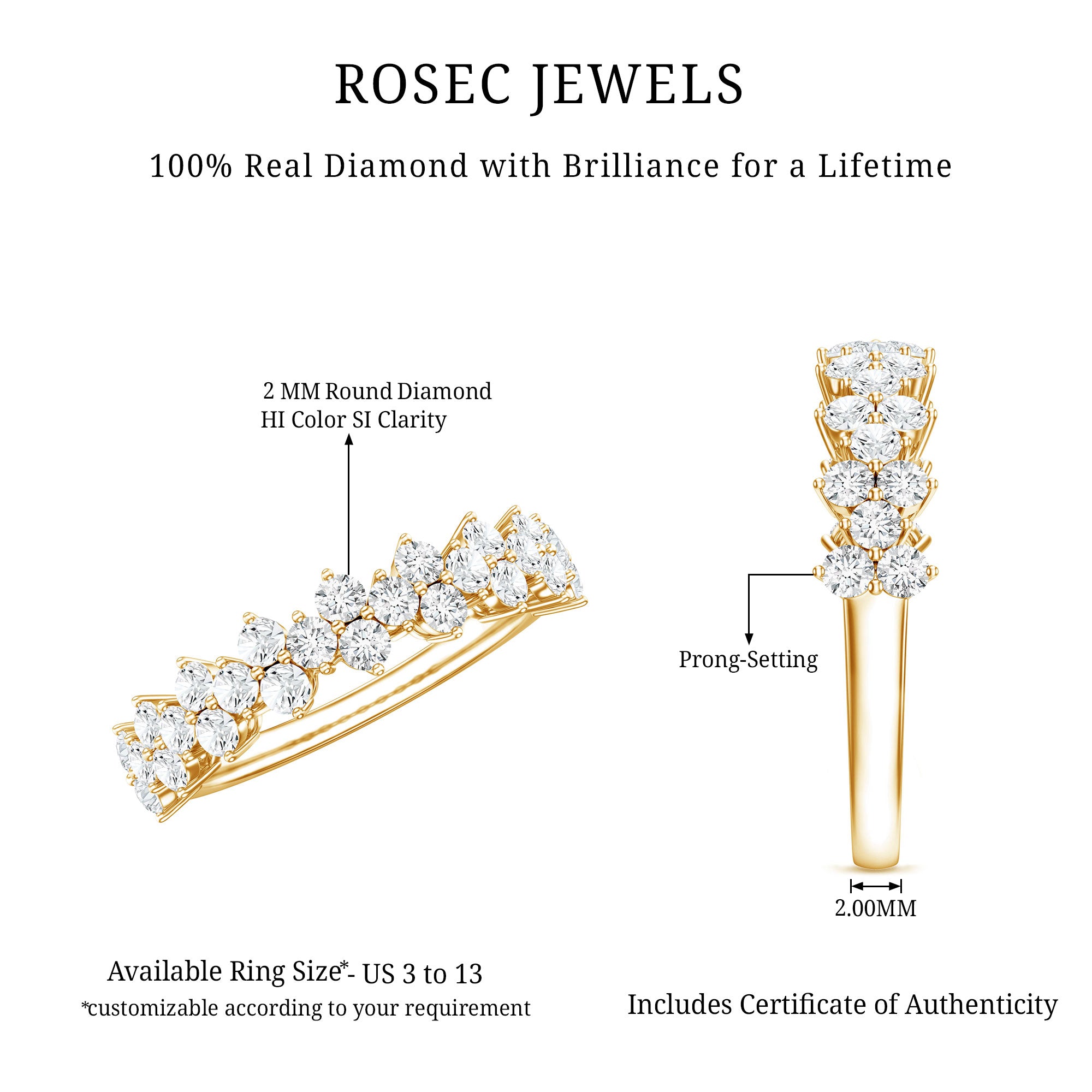 Natural Diamond Half Eternity Wedding Band with Certificate Natural - ( HI-SI ) - Rosec Jewels