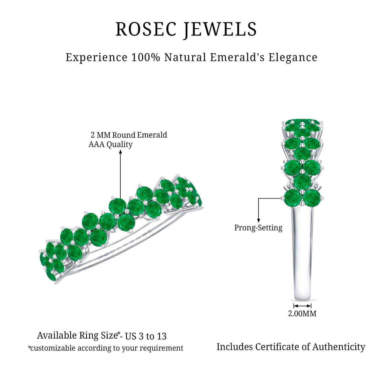 Certified Real Emerald Half Eternity Anniversary Ring AAA - Rosec Jewels