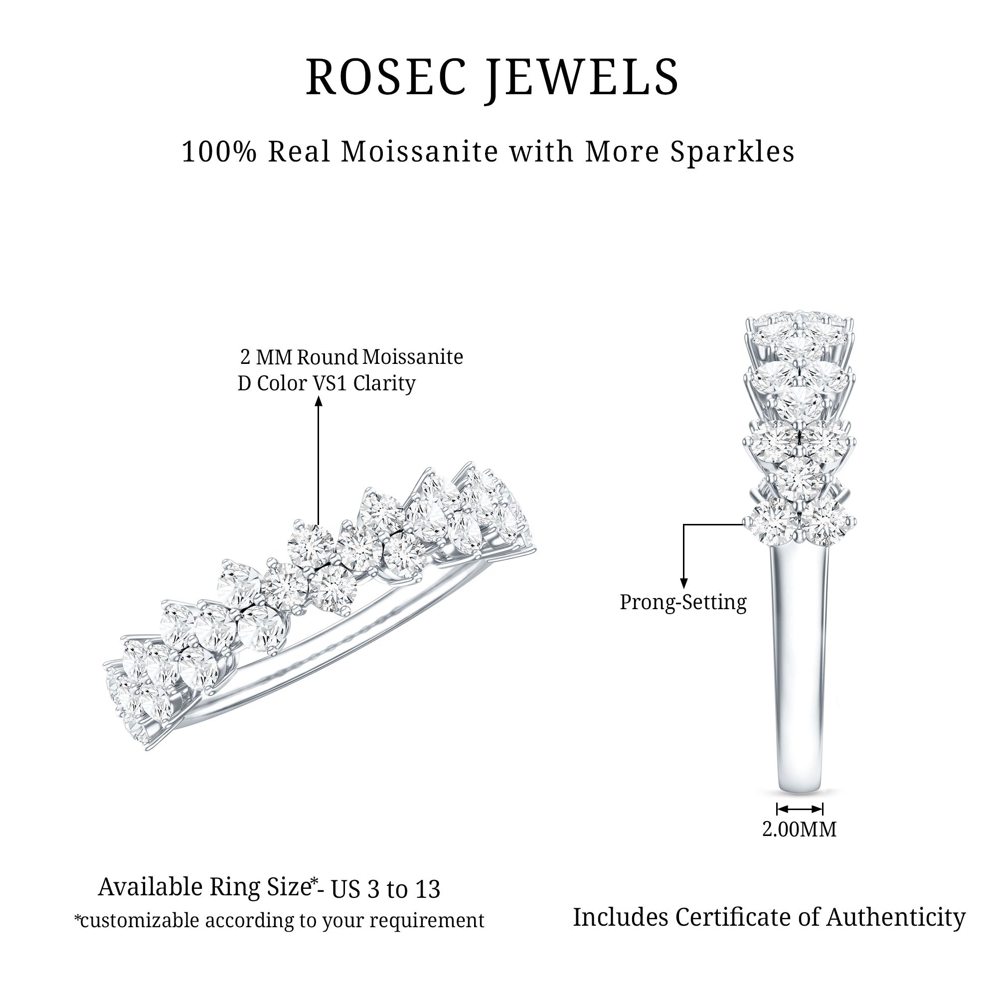 Round Moissanite Cluster Eternity Wedding Band D-VS1 - Rosec Jewels