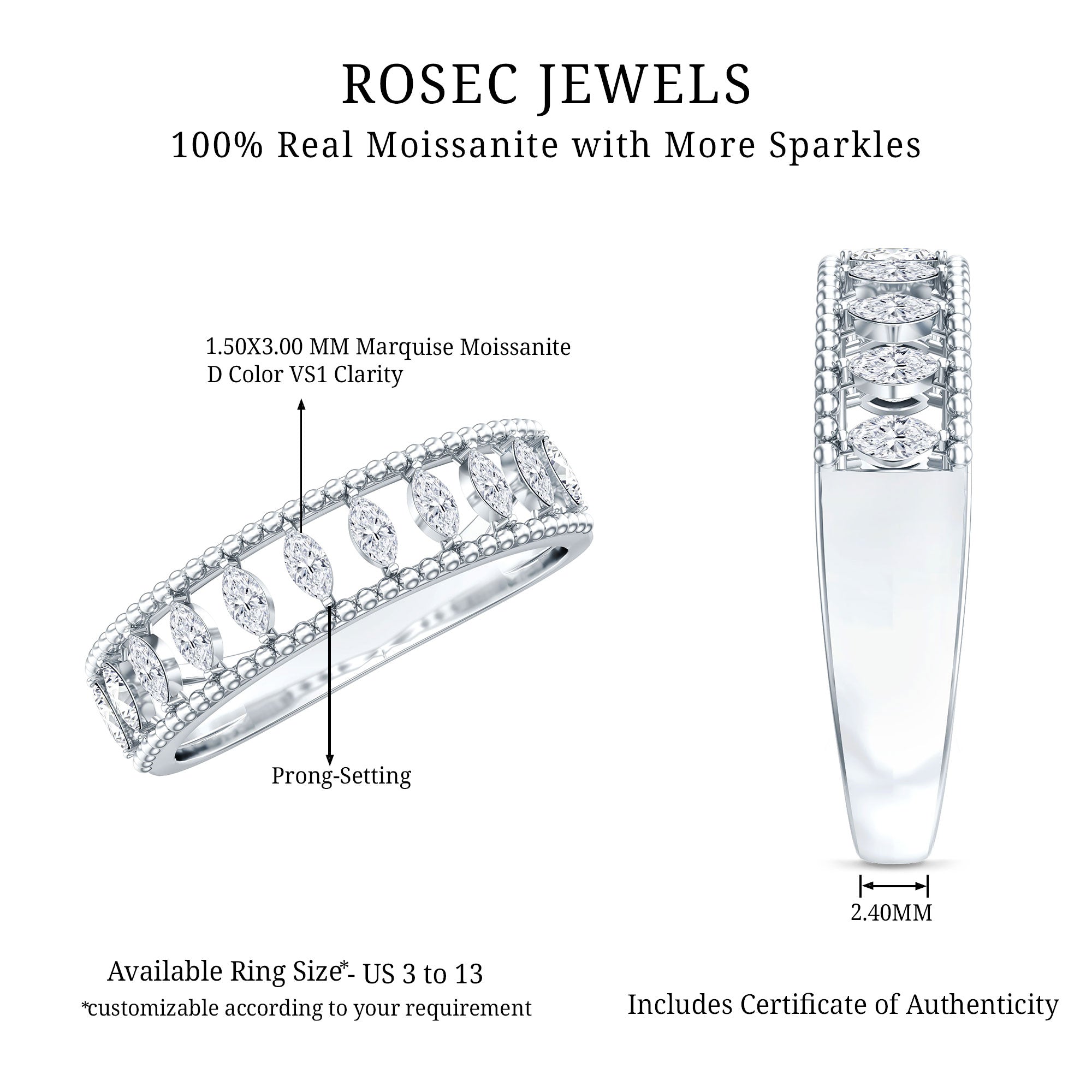 Marquise Moissanite Half Eternity Band Ring D-VS1 - Rosec Jewels