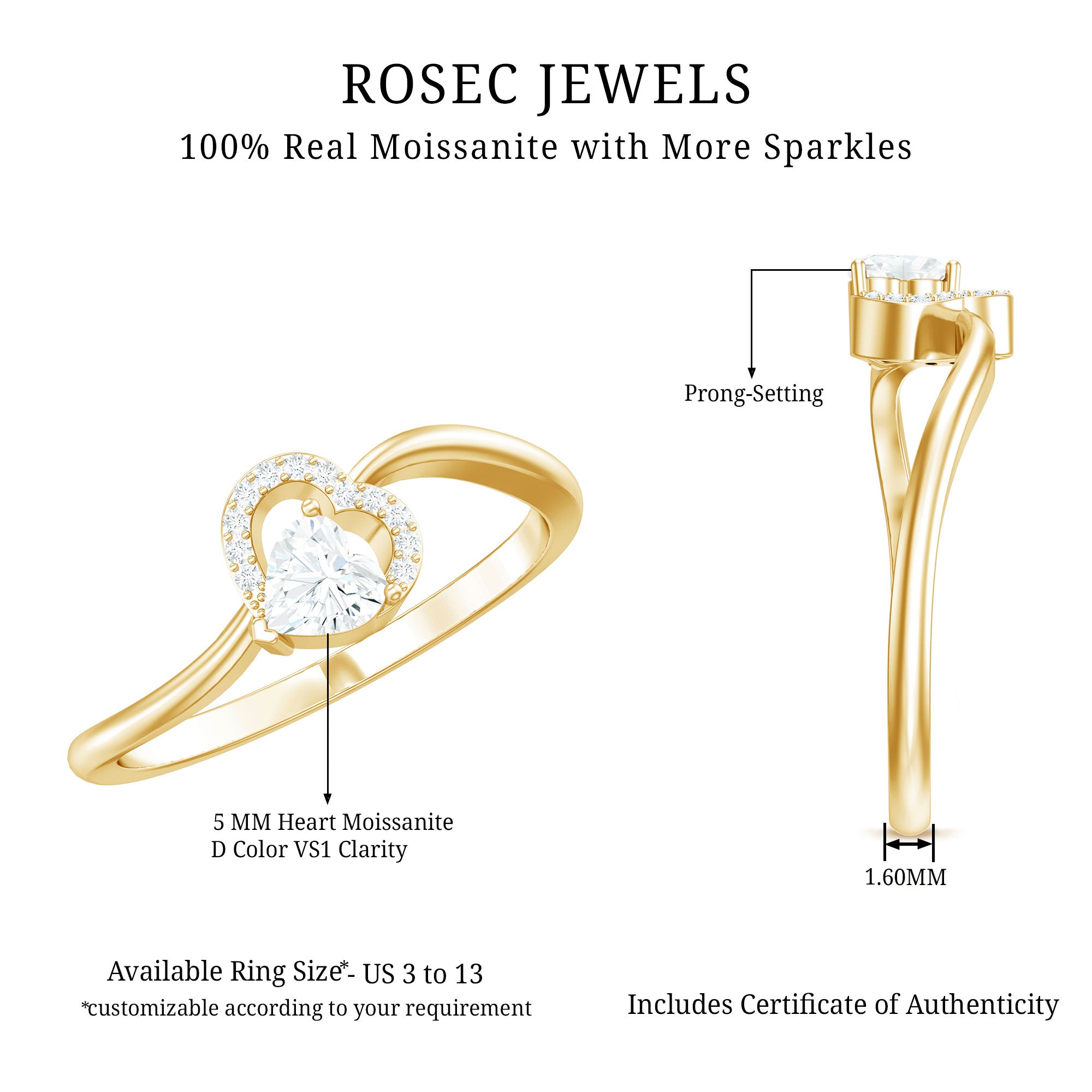 Certified Moissanite Heart Promise Ring for Her D-VS1 - Rosec Jewels