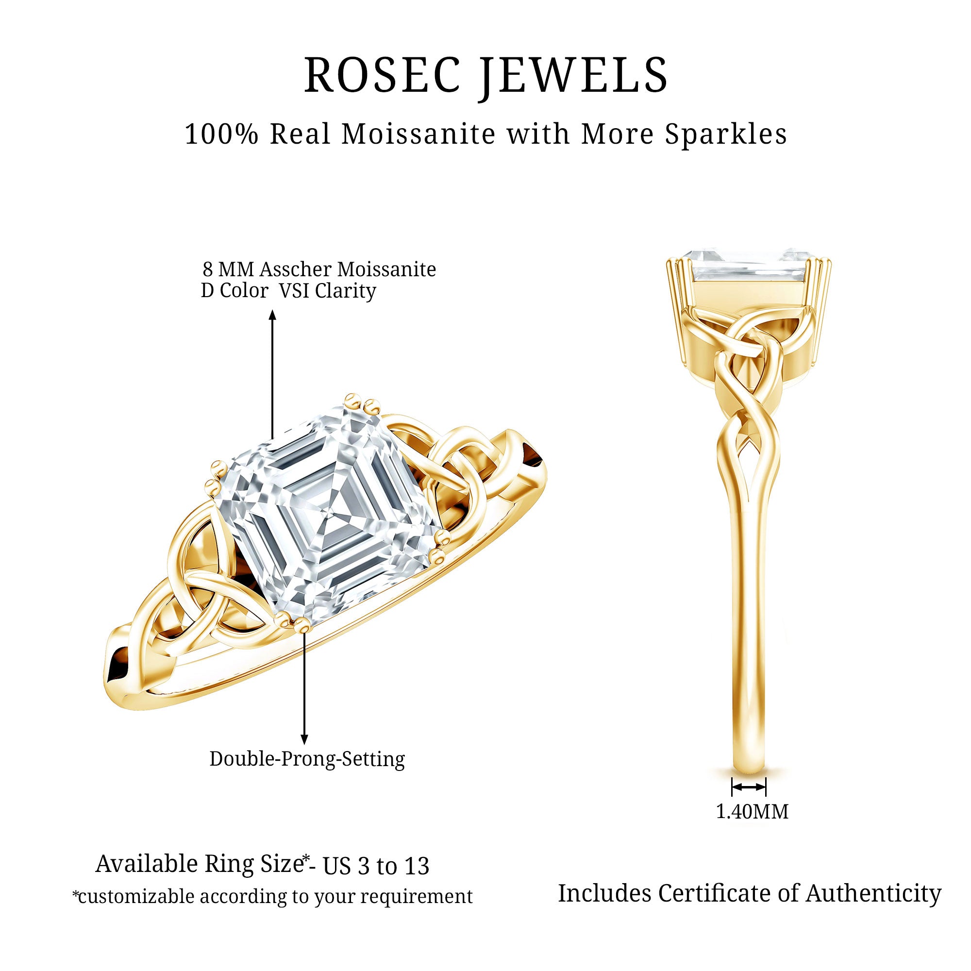 Asscher Cut 3 Carat Moissanite Celtic Knot Engagement Ring D-VS1 - Rosec Jewels