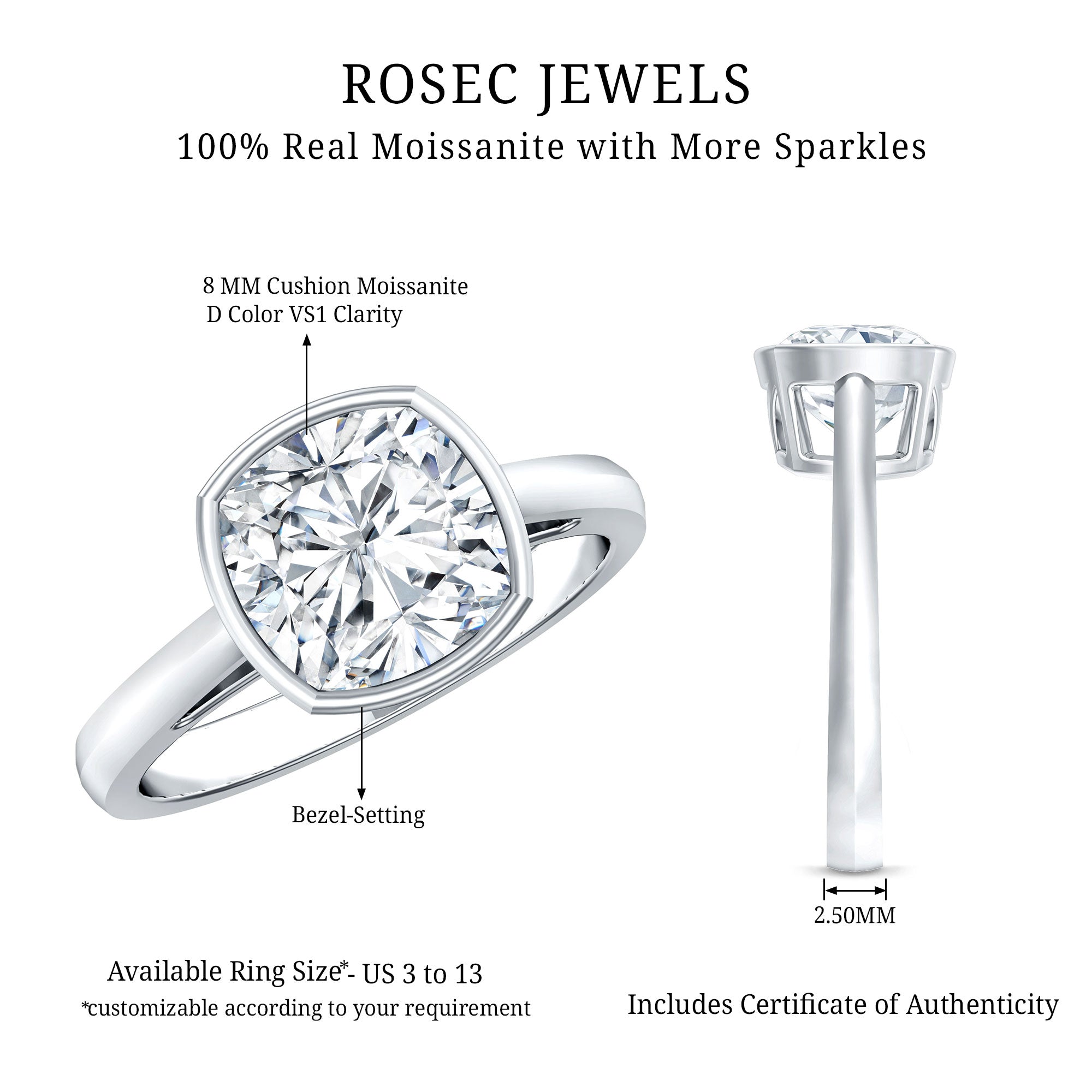 Bezel Set Cushion Cut Moissanite Solitaire Engagement Ring D-VS1 - Rosec Jewels