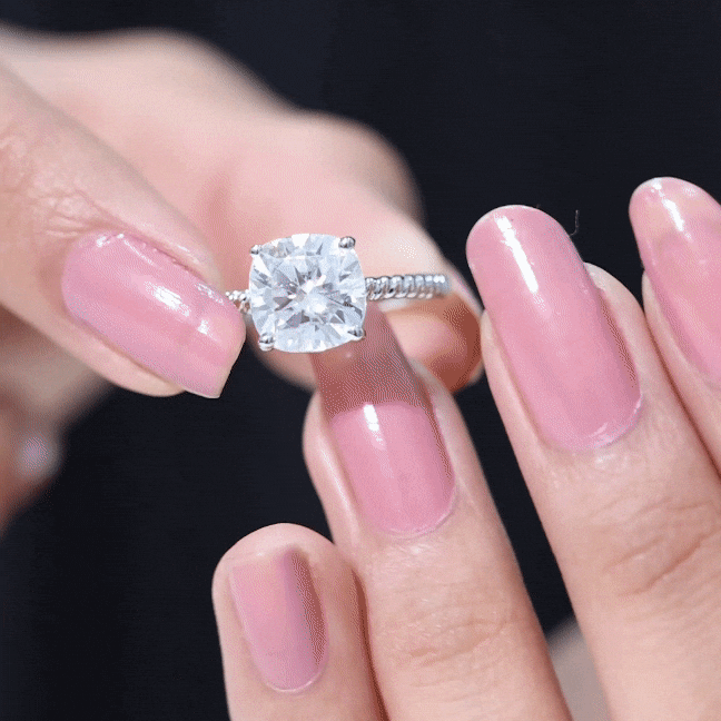 Cushion Cut Moissanite Solitaire Engagement Ring with Twisted Rope D-VS1 - Rosec Jewels