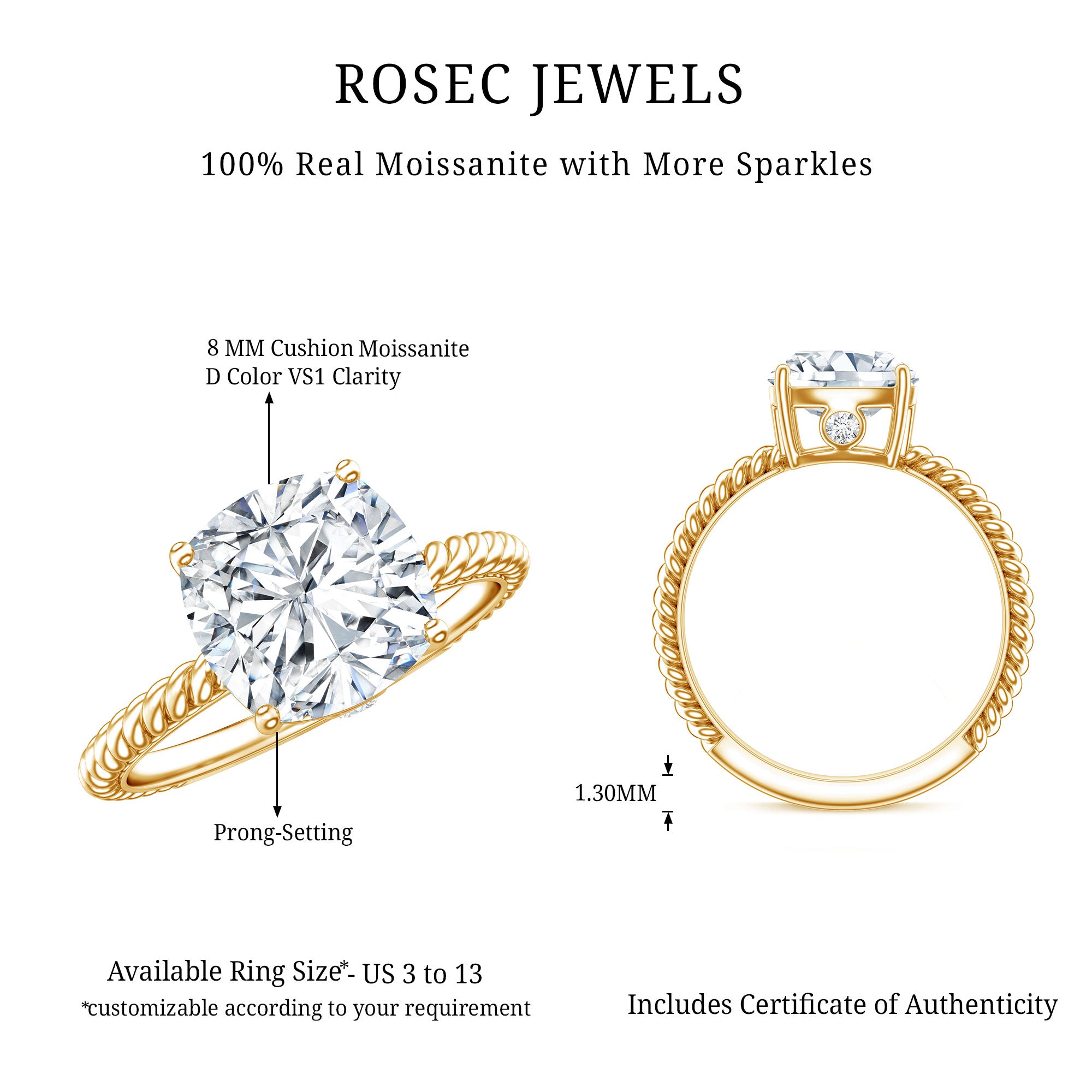 Cushion Cut Moissanite Solitaire Engagement Ring with Twisted Rope D-VS1 - Rosec Jewels