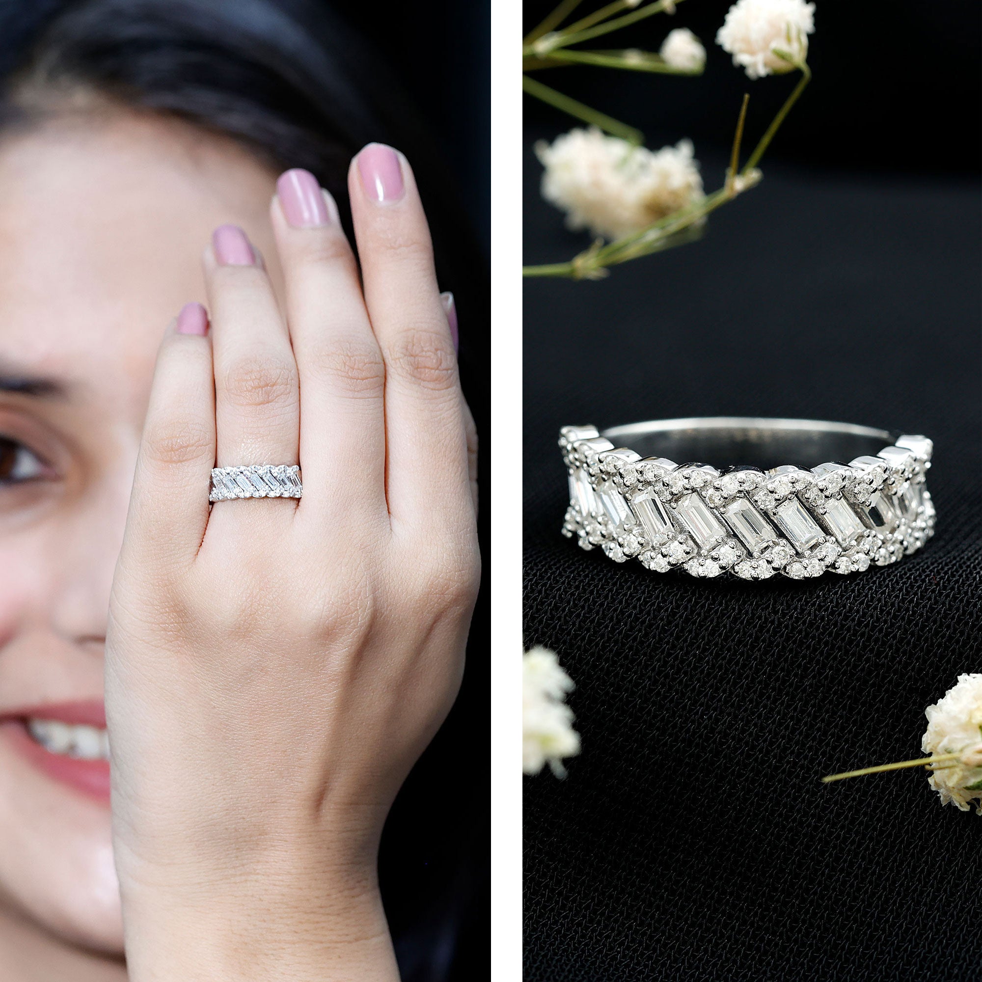 Baguette and Round Cut Zircon Braided Anniversary Ring AAAA - Rosec Jewels