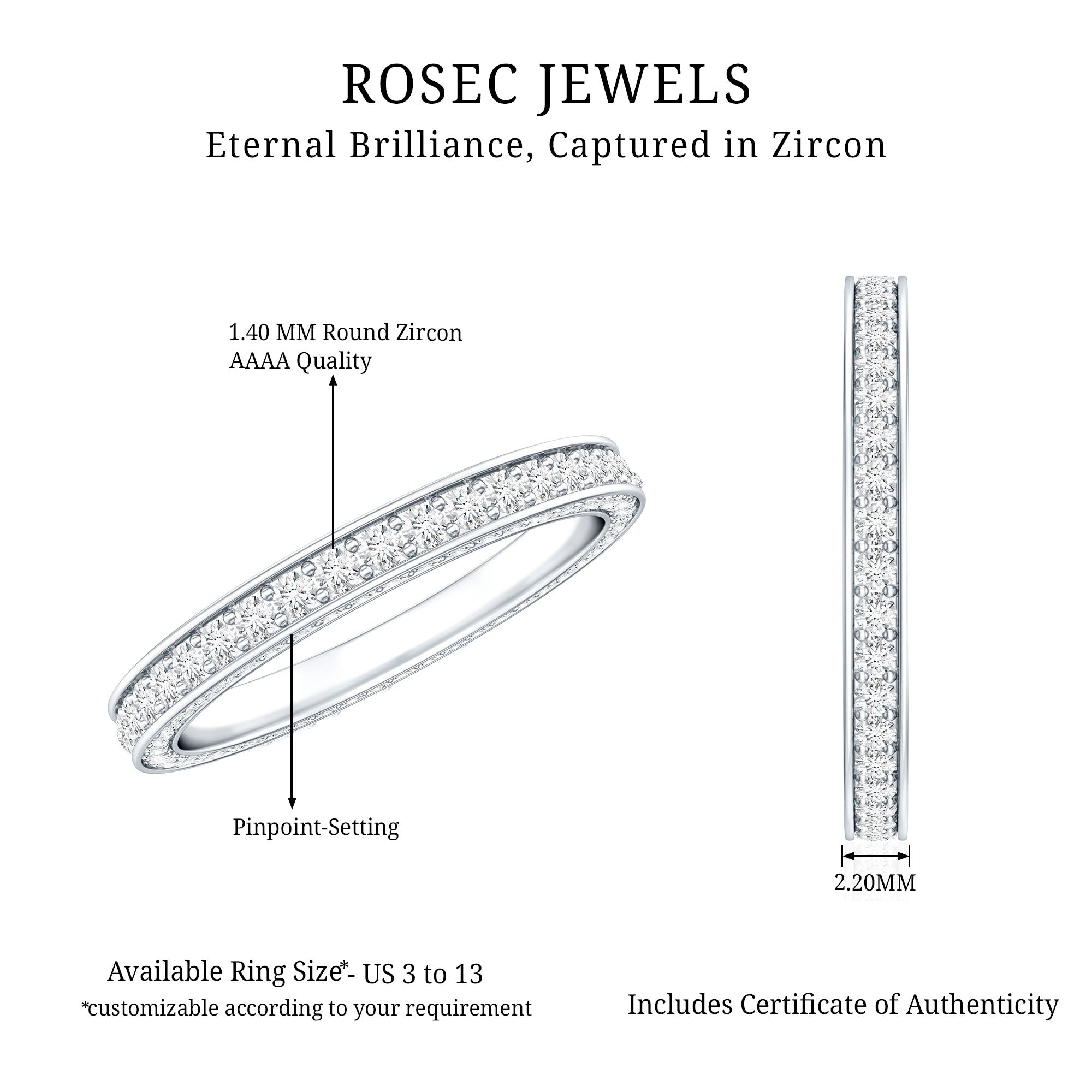 Certified Simulated Diamond Eternity Wedding Band Ring AAAA - Rosec Jewels