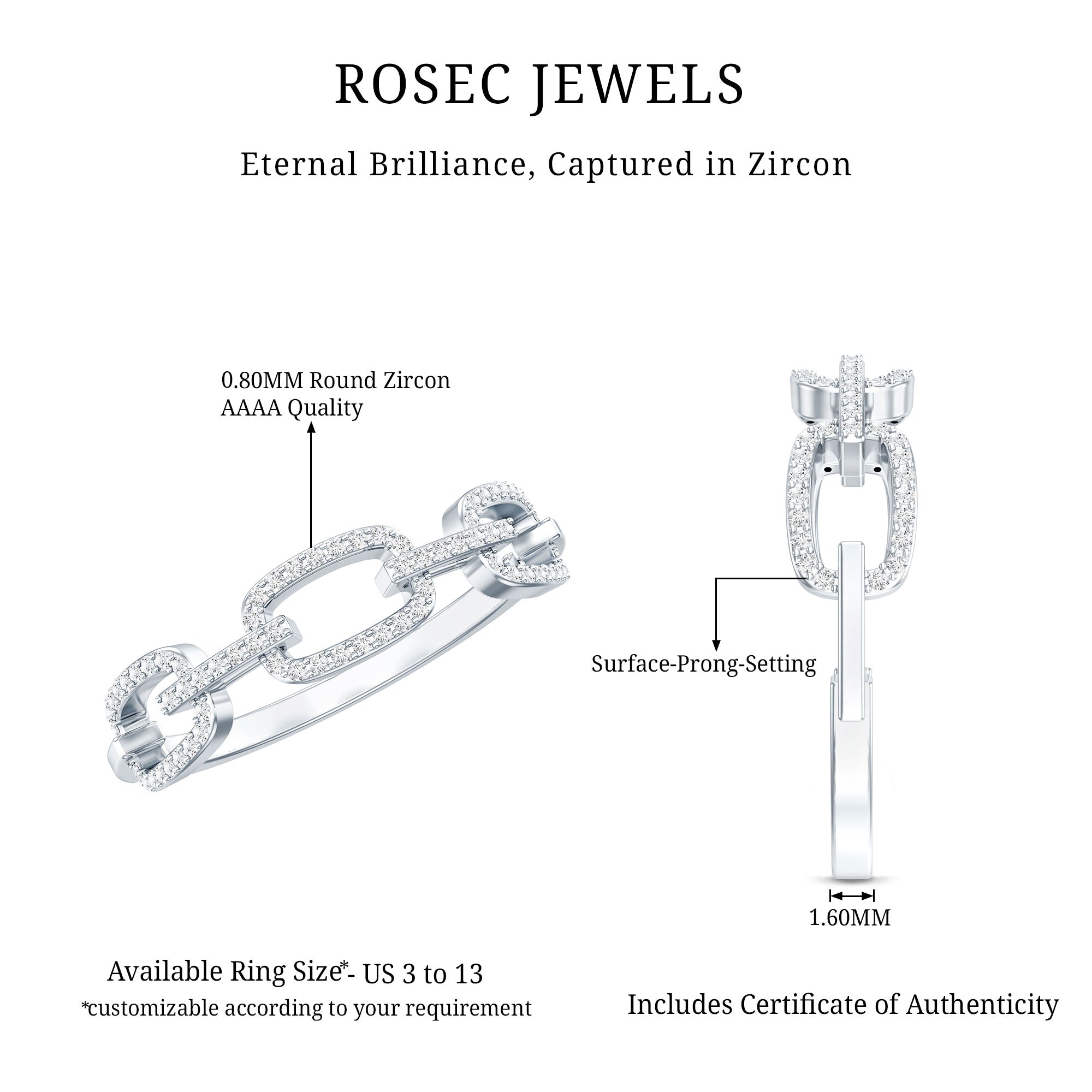 Minimal Cubic Zirconia Chain Link Ring AAAA - Rosec Jewels