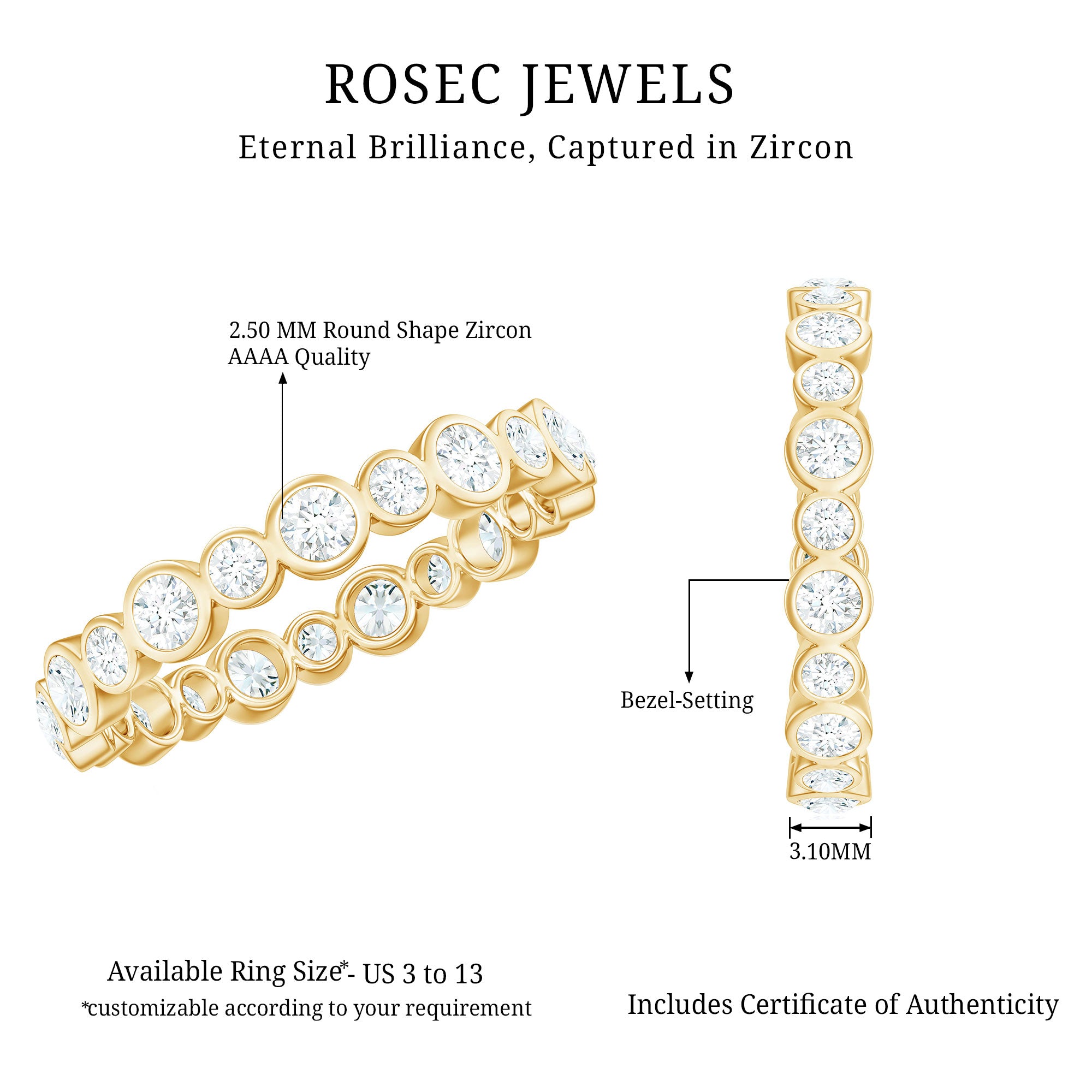 Bezel Set Round Cubic Zirconia Unique Full Eternity Ring AAAA - Rosec Jewels