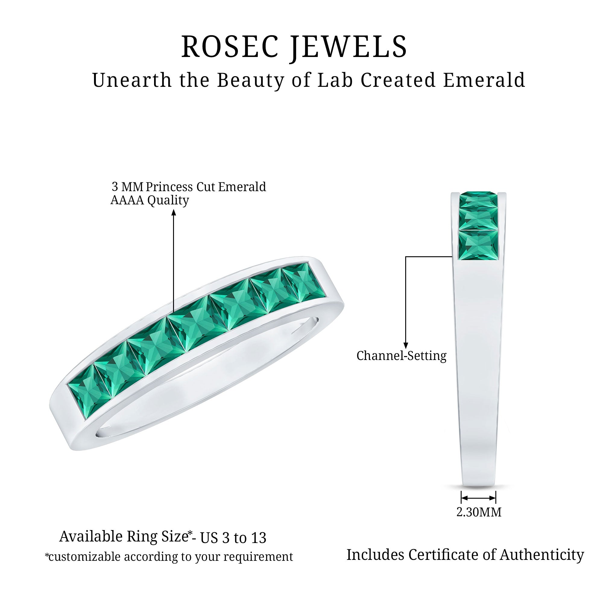 Princess Cut Lab Created Emerald Eternity Band in Channel Setting AAAA - Rosec Jewels