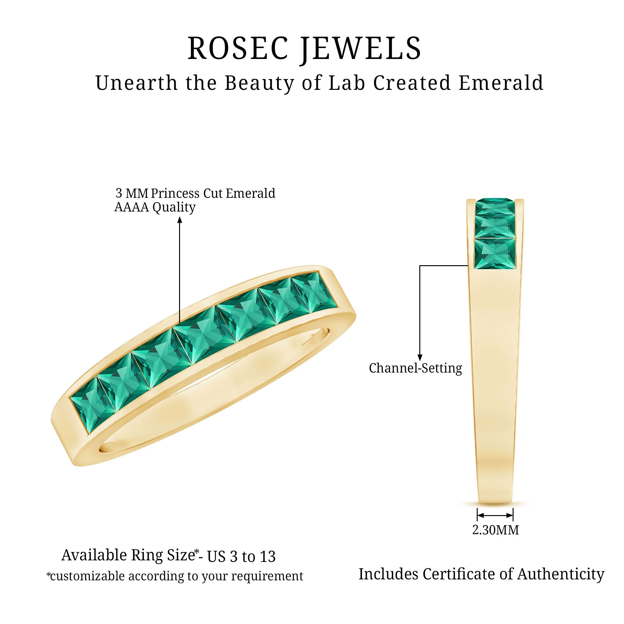 Princess Cut Lab Created Emerald Eternity Band in Channel Setting AAAA - Rosec Jewels