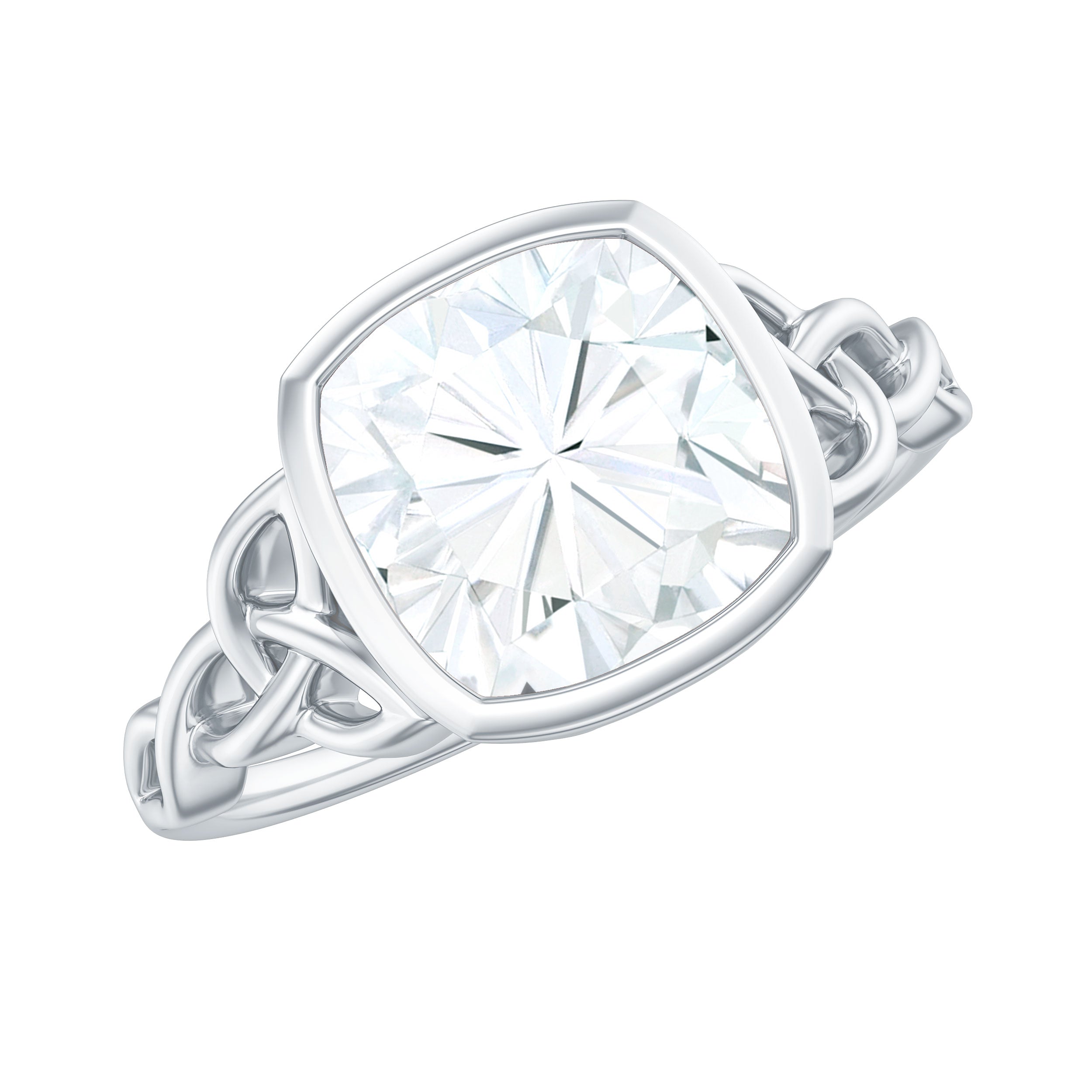 Cushion Cut Moissanite Solitaire Celtic Knot Ring in Bezel Setting
