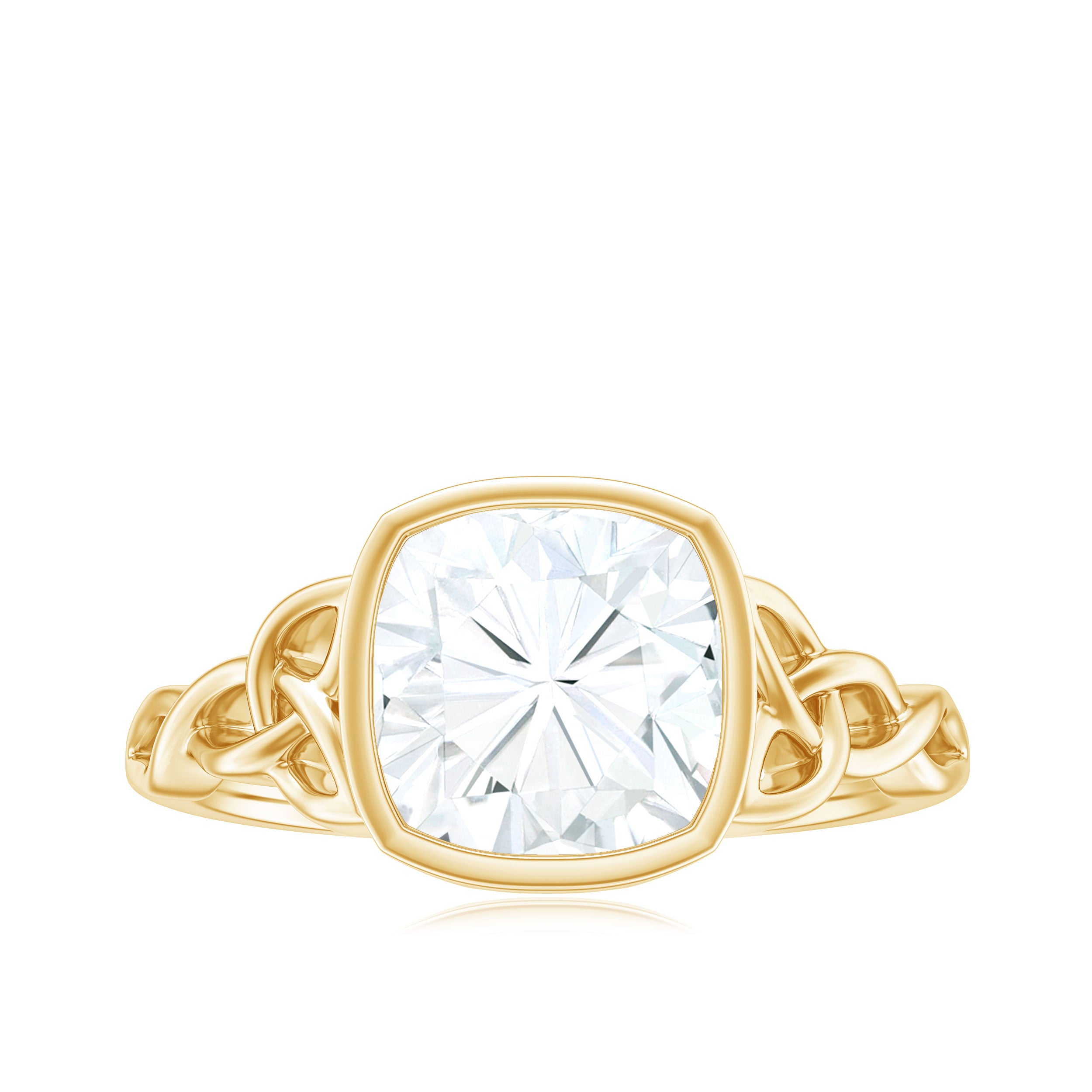 Cushion Cut Moissanite Solitaire Celtic Knot Ring in Bezel Setting D-VS1 - Rosec Jewels