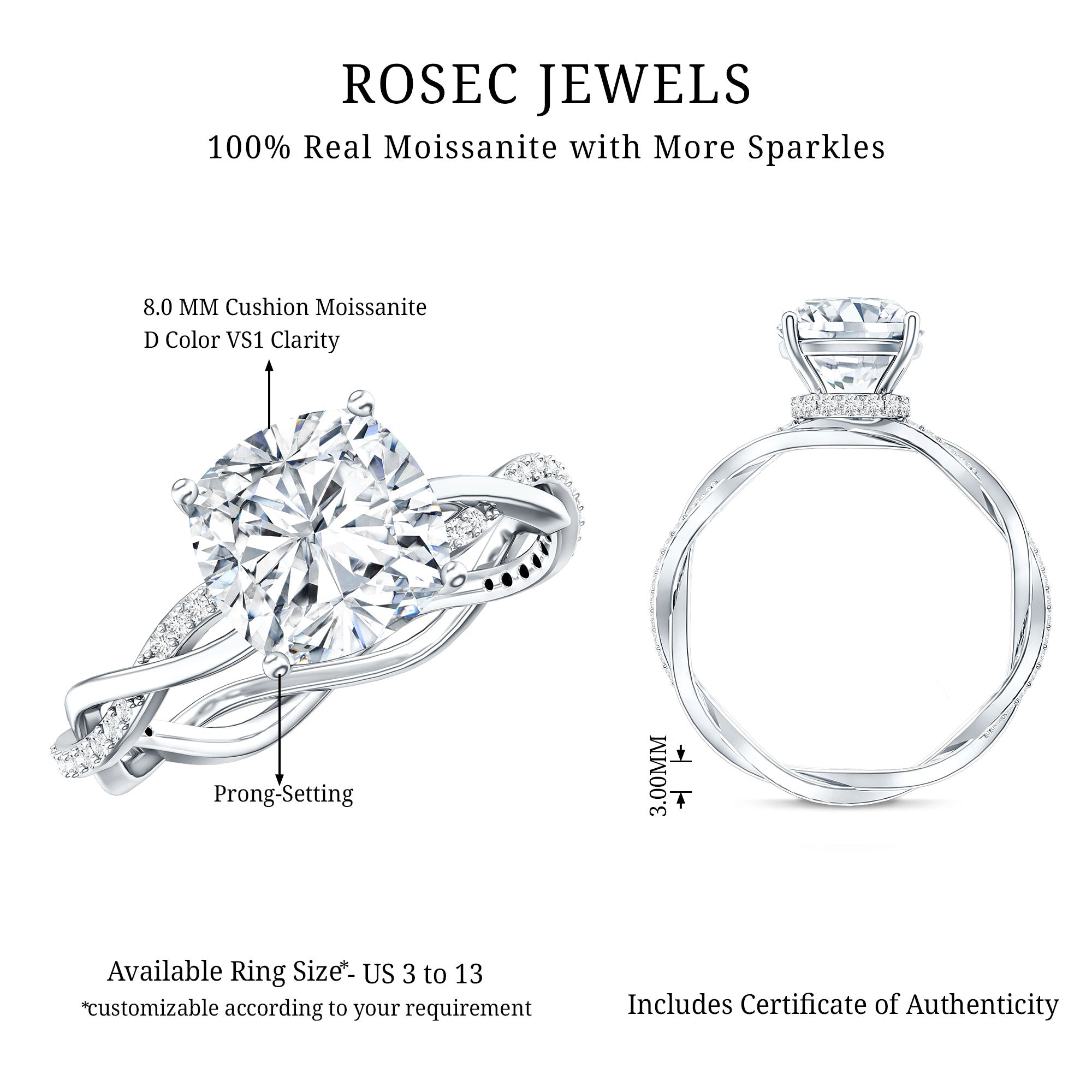 3 Carat Moissanite Cushion Cut Hidden Halo Engagement Rings D-VS1 - Rosec Jewels