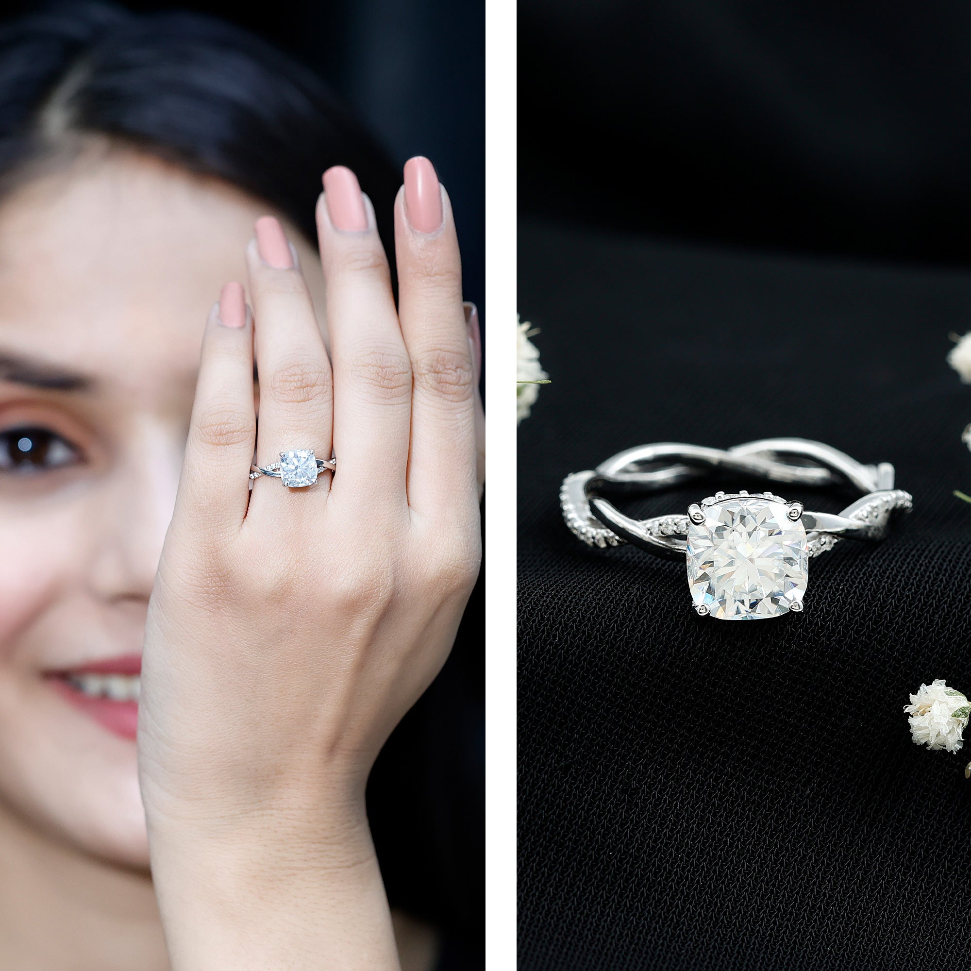 3 Carat Moissanite Cushion Cut Hidden Halo Engagement Rings D-VS1 - Rosec Jewels