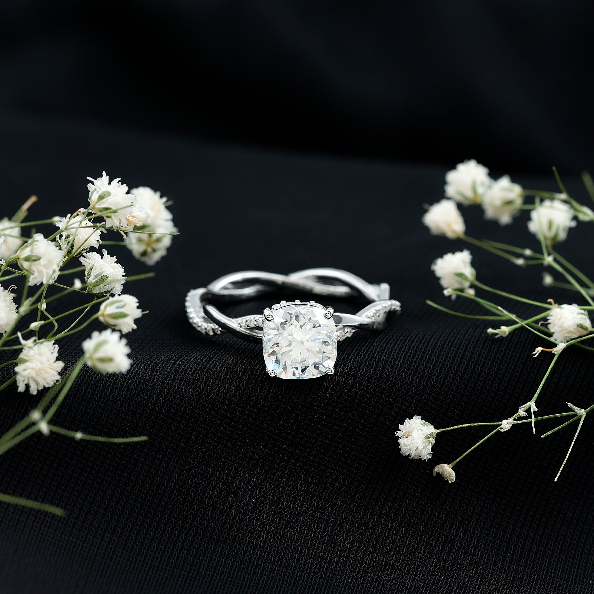 3 Carat Moissanite Cushion Cut Hidden Halo Engagement Rings D-VS1 - Rosec Jewels