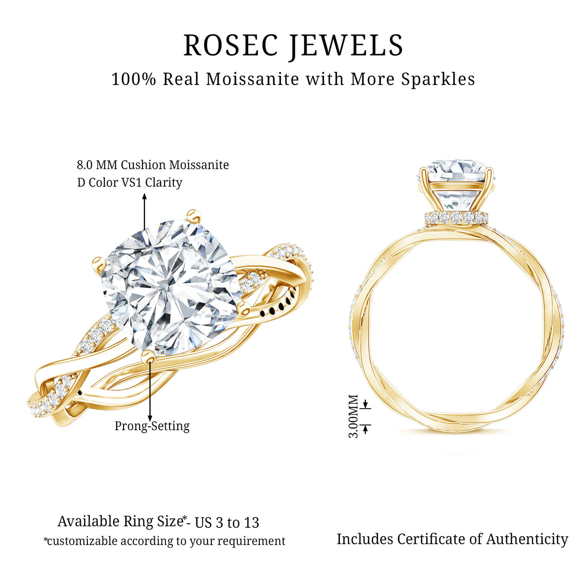 3 Carat Moissanite Cushion Cut Hidden Halo Engagement Rings D-VS1 - Rosec Jewels