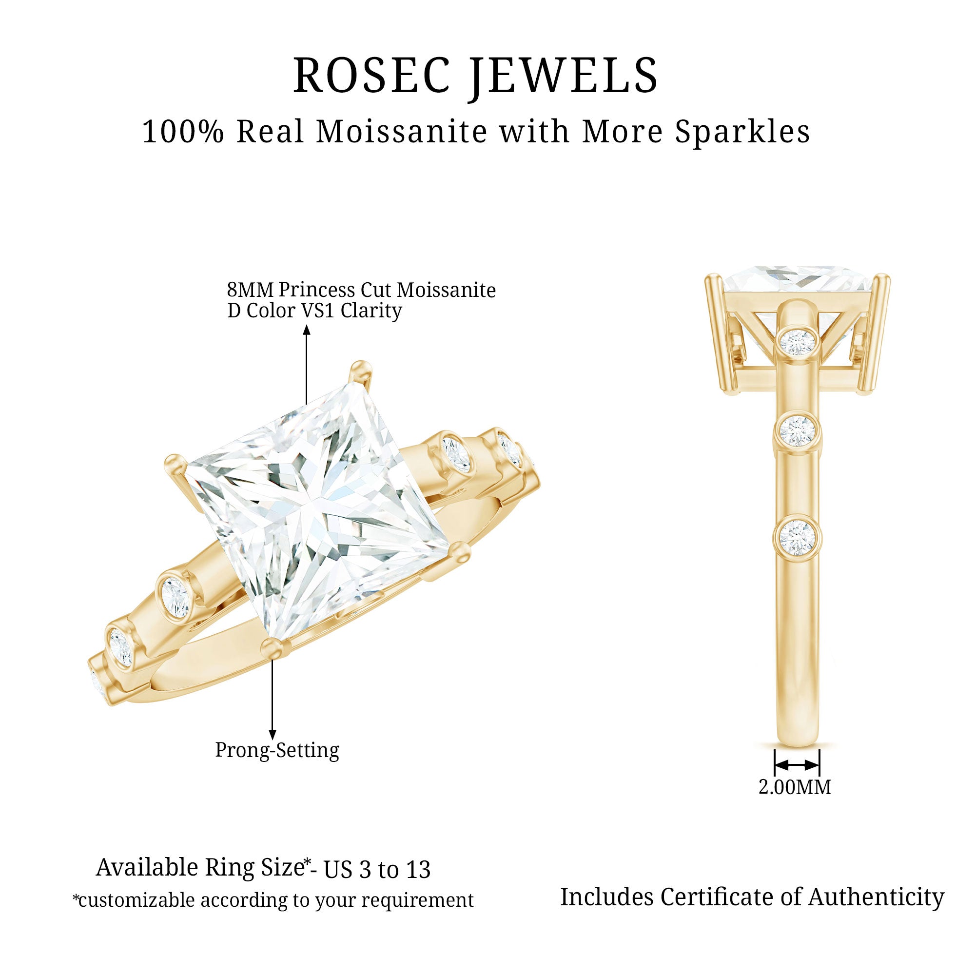 Princess Cut Moissanite Solitaire Engagement Ring with Spaced Accent D-VS1 - Rosec Jewels