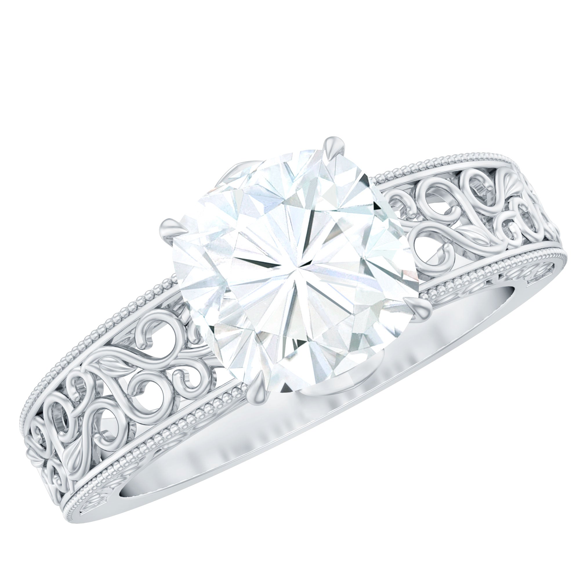8 MM Cushion Cut Moissanite Engagement Ring with Filigree Details