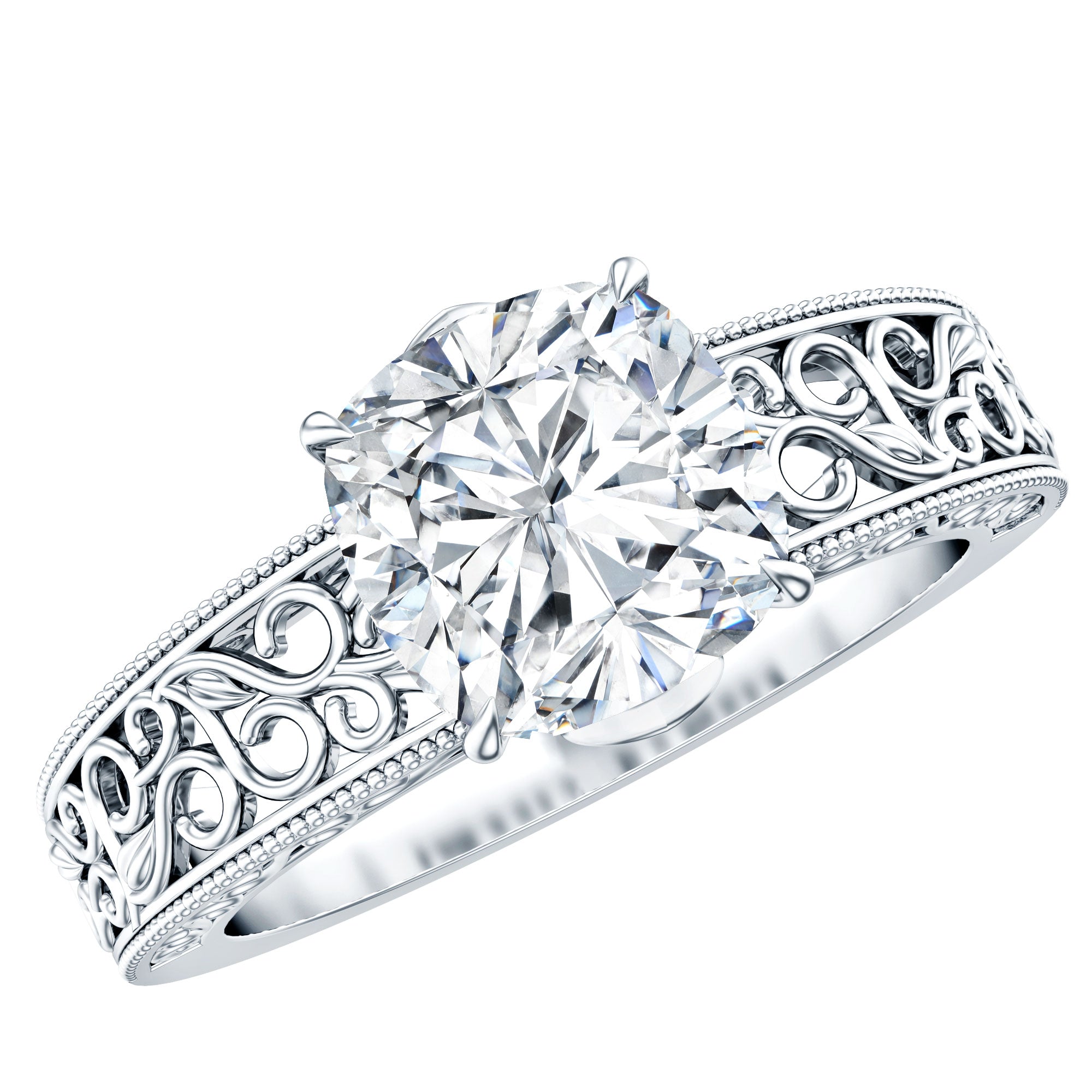 8 MM Cushion Cut Moissanite Engagement Ring with Filigree Details D-VS1 - Rosec Jewels