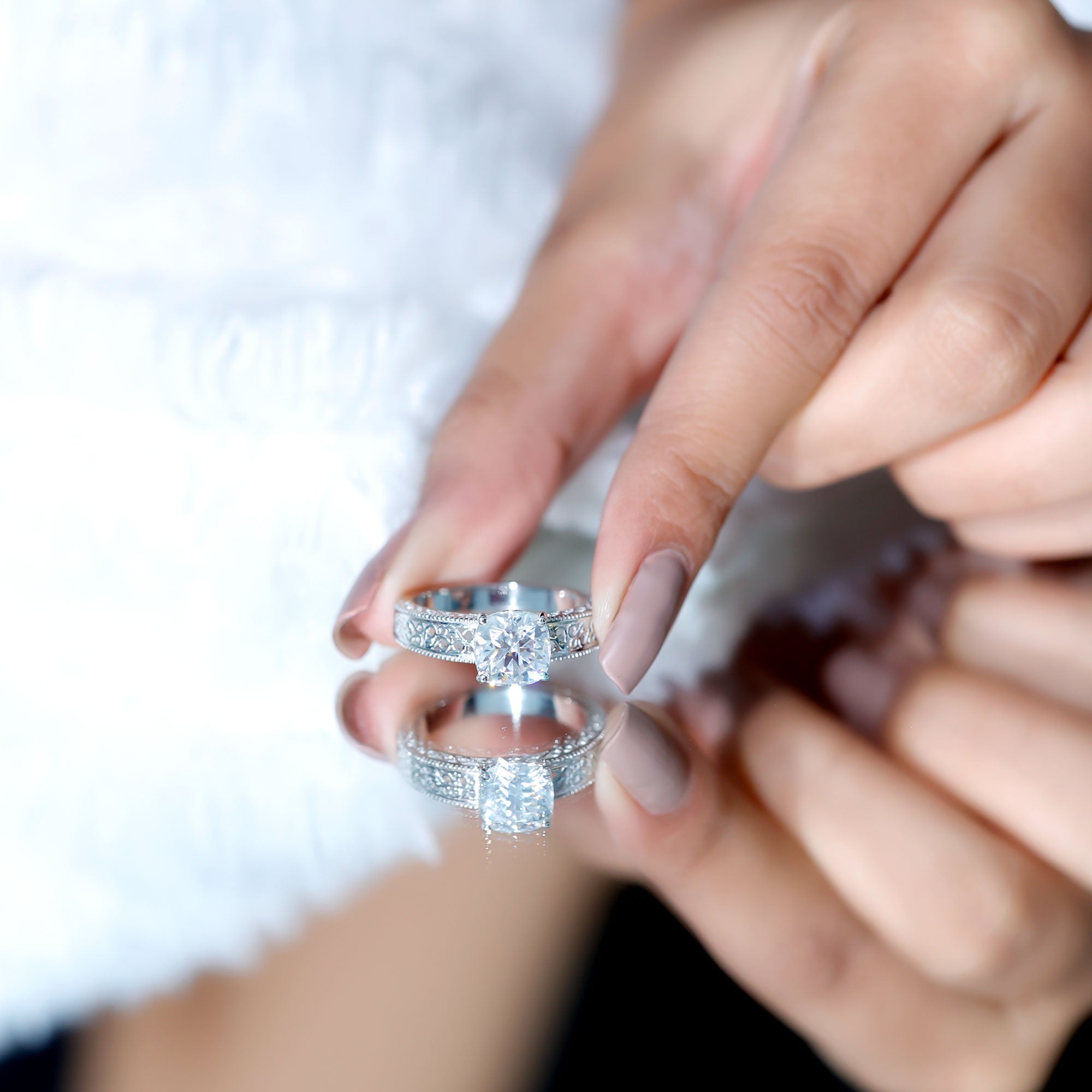 8 MM Cushion Cut Moissanite Engagement Ring with Filigree Details D-VS1 - Rosec Jewels
