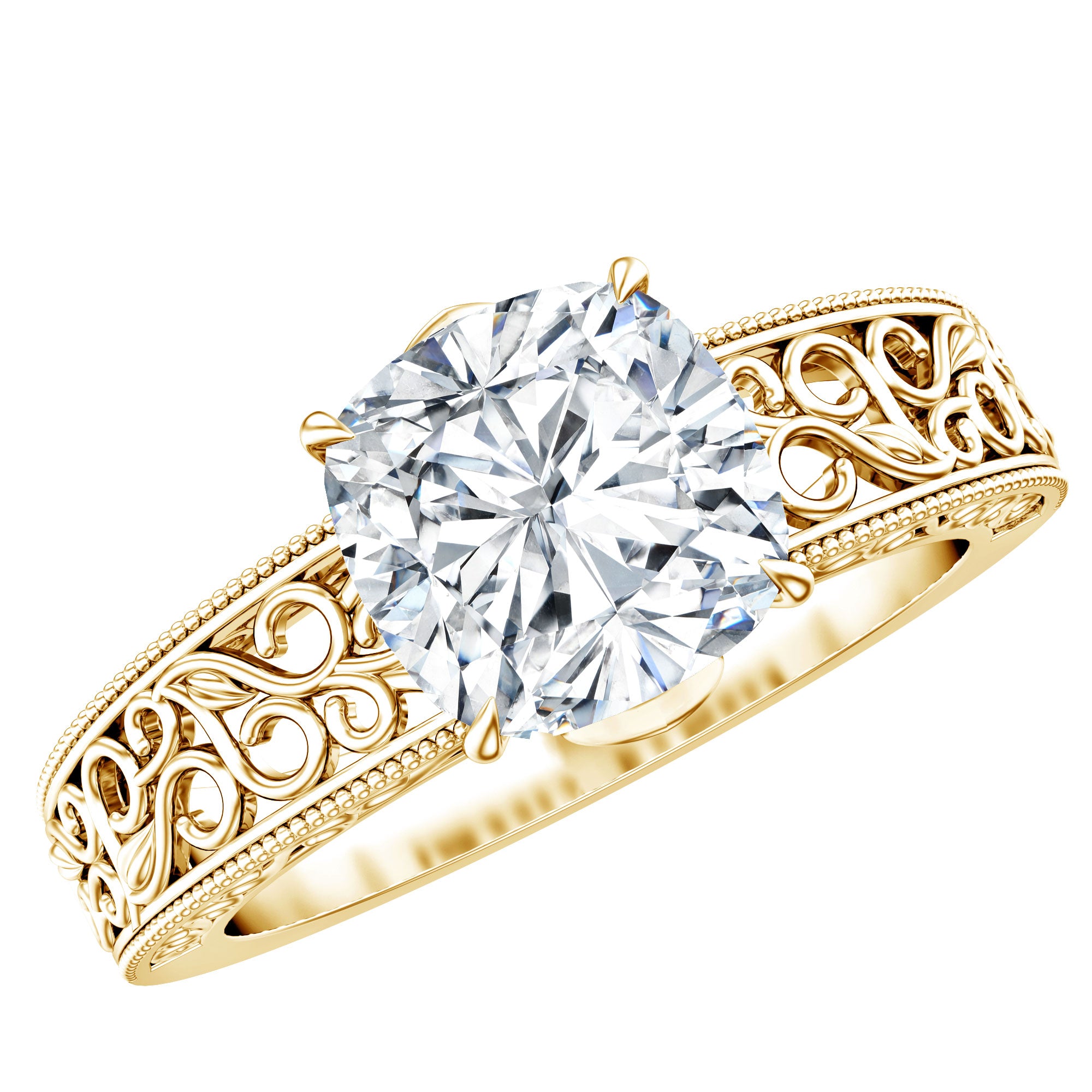 8 MM Cushion Cut Moissanite Engagement Ring with Filigree Details D-VS1 - Rosec Jewels