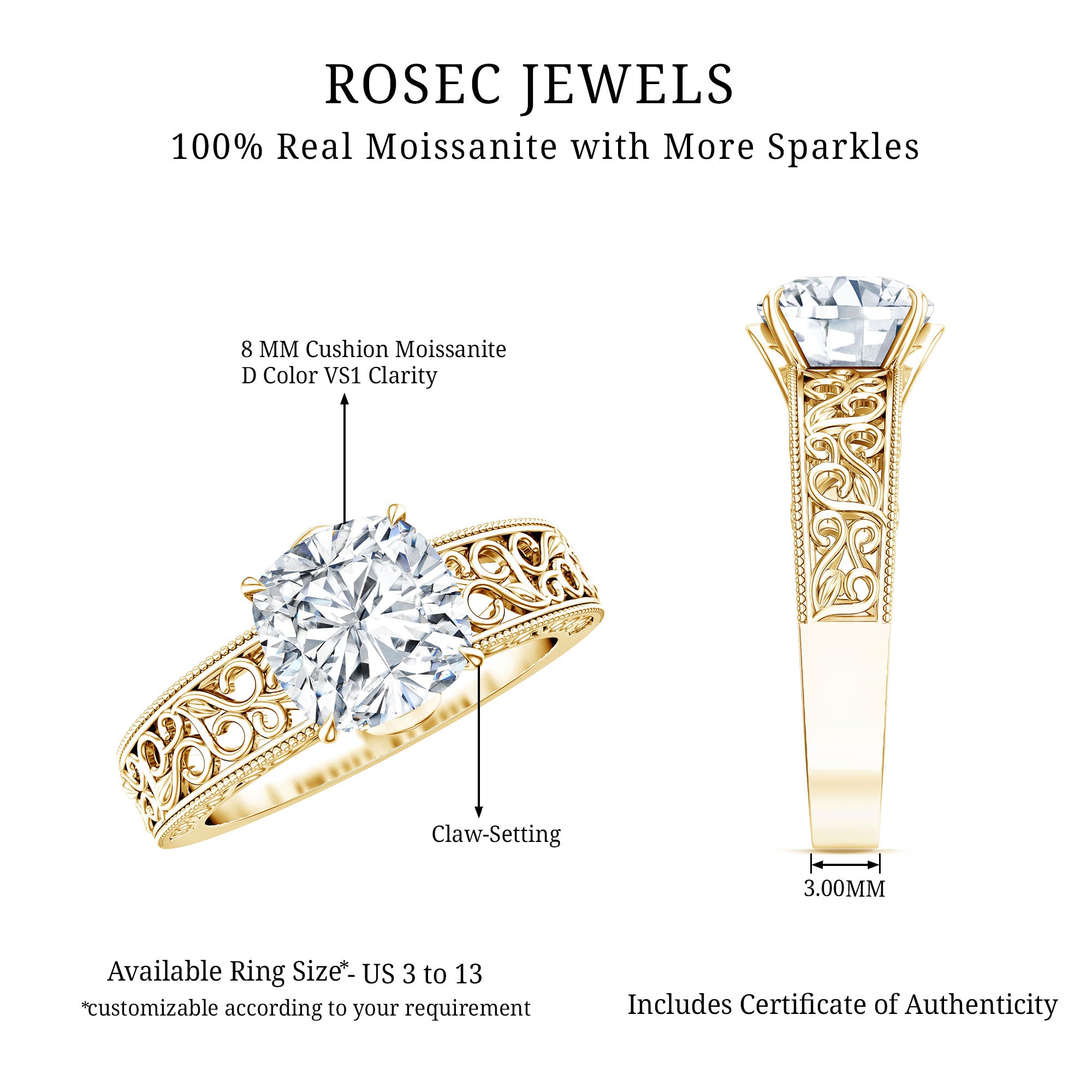 8 MM Cushion Cut Moissanite Engagement Ring with Filigree Details D-VS1 - Rosec Jewels