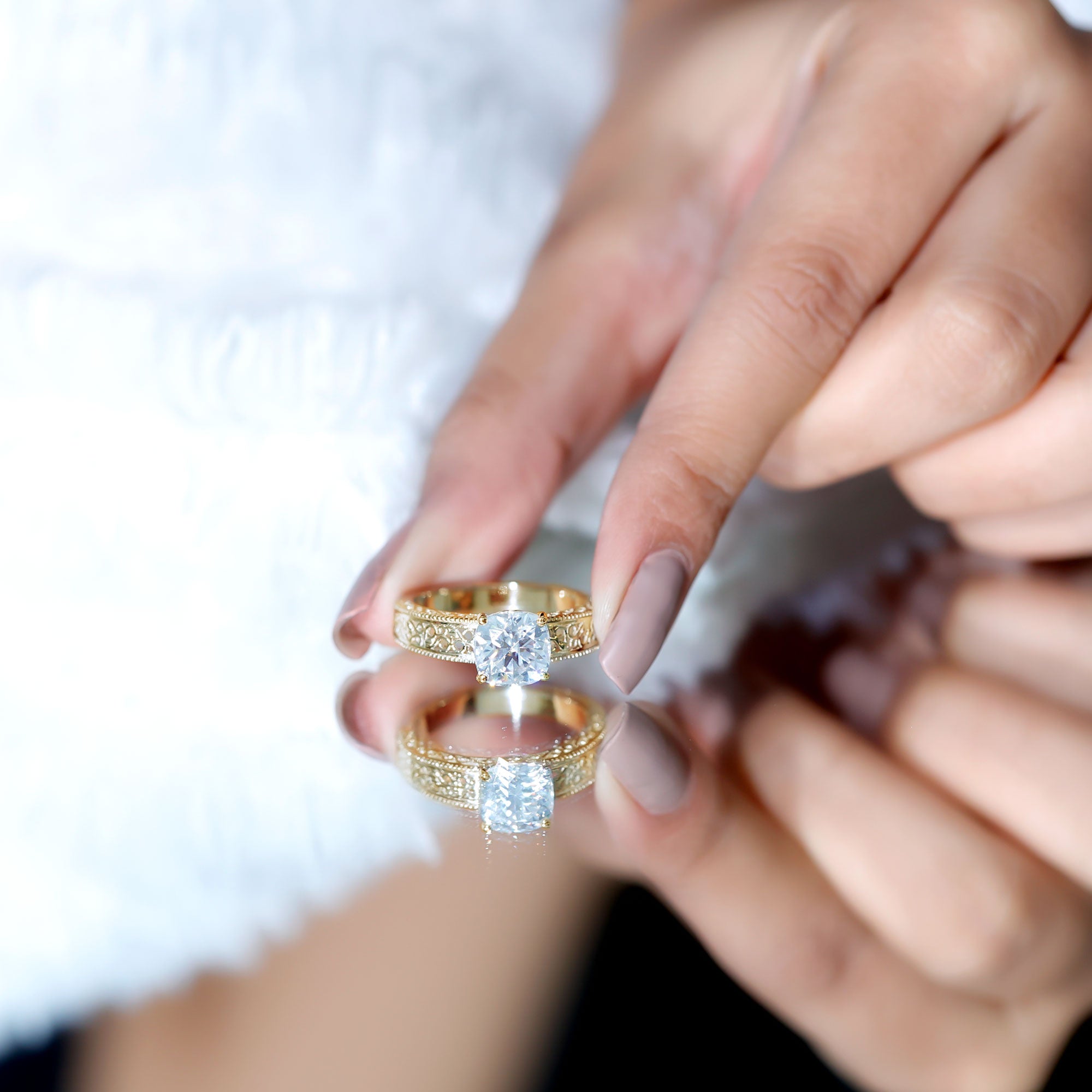 8 MM Cushion Cut Moissanite Engagement Ring with Filigree Details D-VS1 - Rosec Jewels