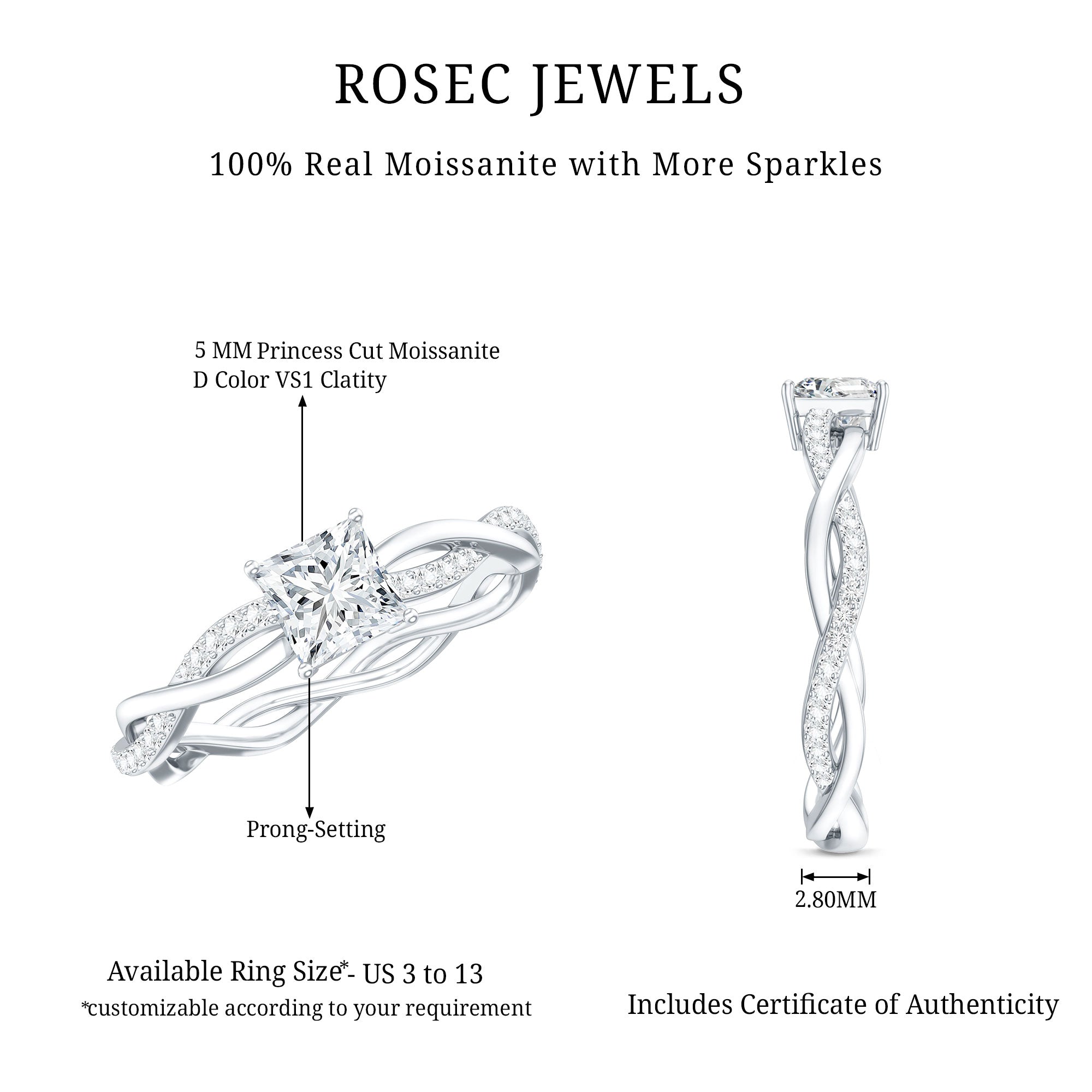 Princess Cut Moissanite Braided Engagement Ring for Women D-VS1 - Rosec Jewels