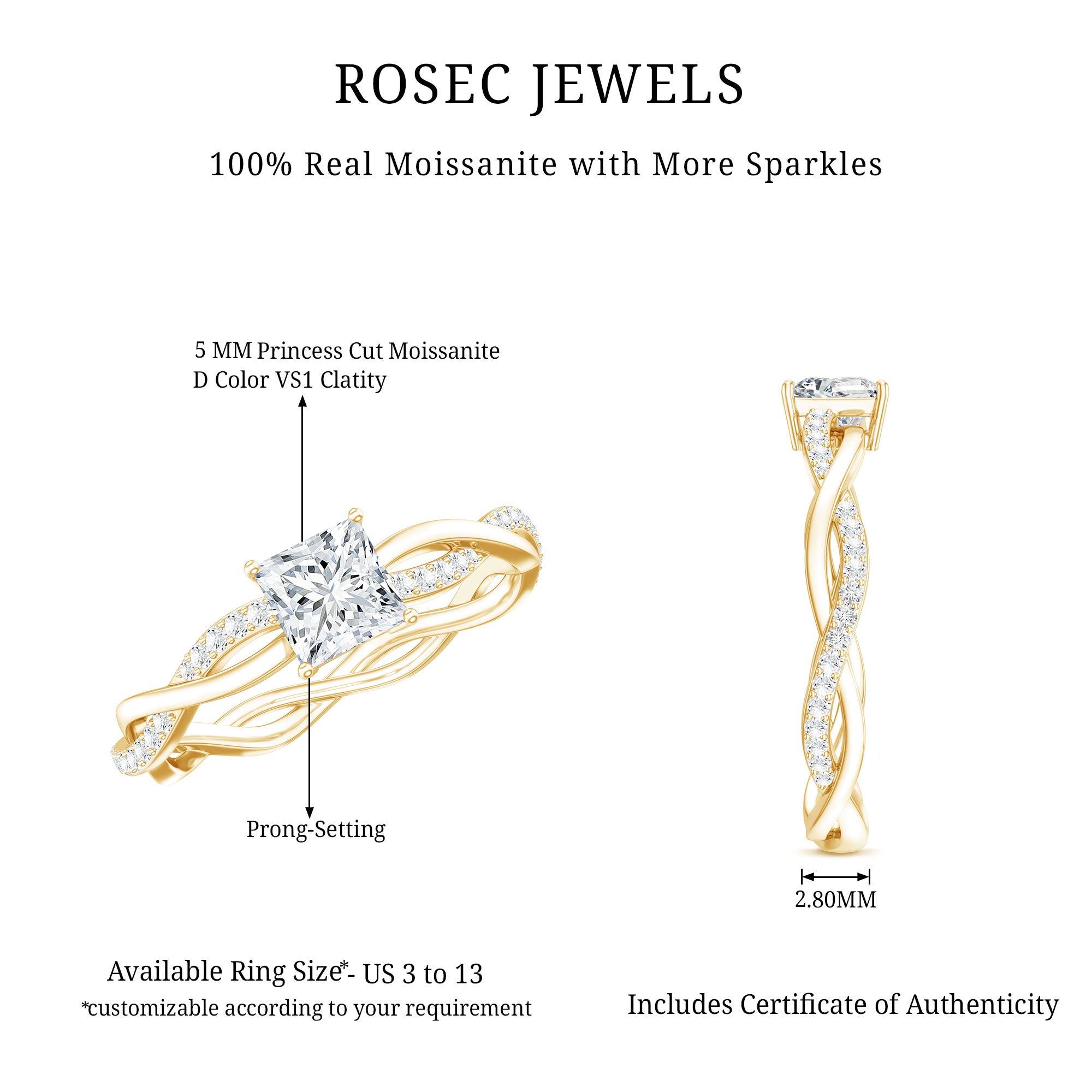 Princess Cut Moissanite Braided Engagement Ring for Women D-VS1 - Rosec Jewels