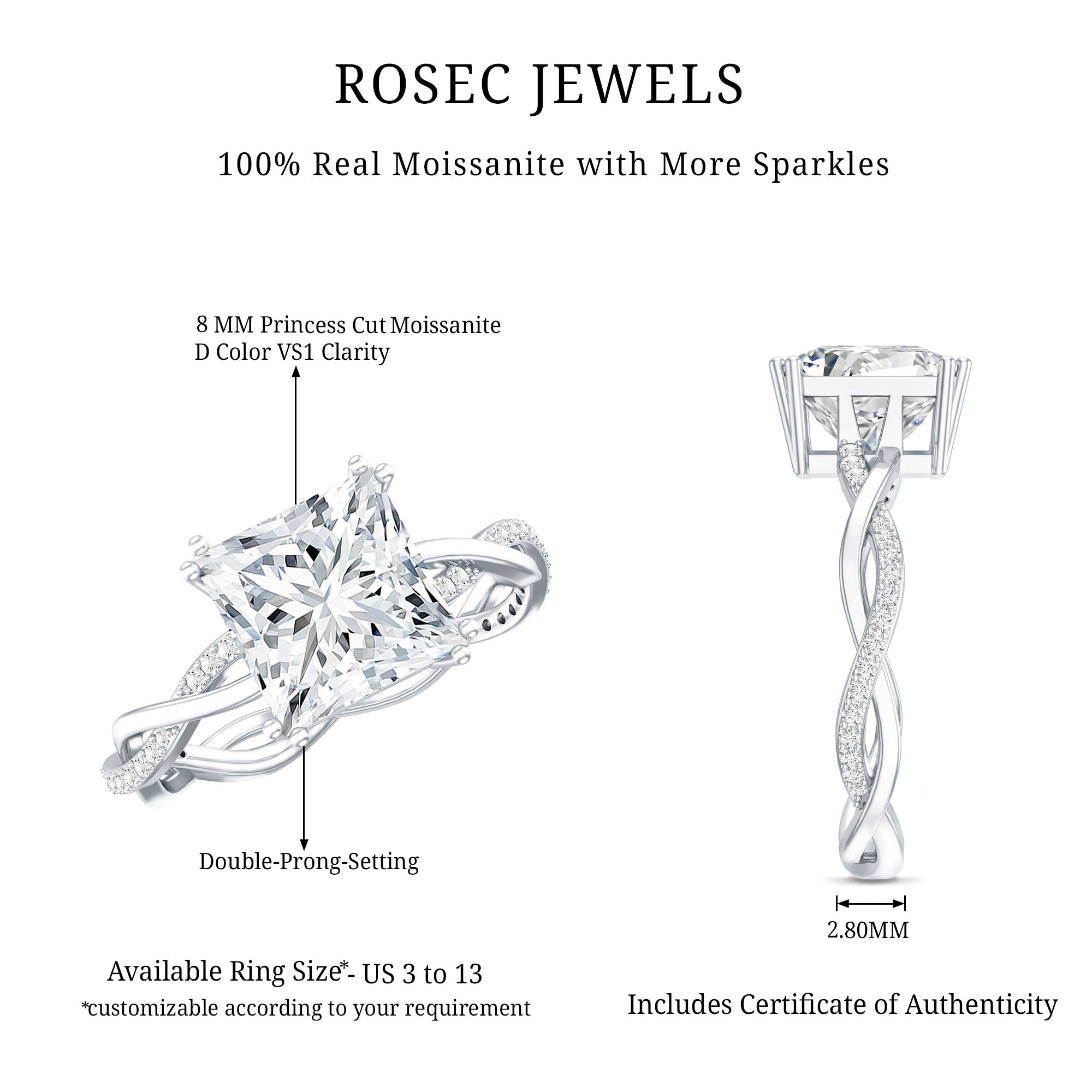 3 CT Princess Cut Moissanite Engagement Ring in Double Prong Setting D-VS1 - Rosec Jewels