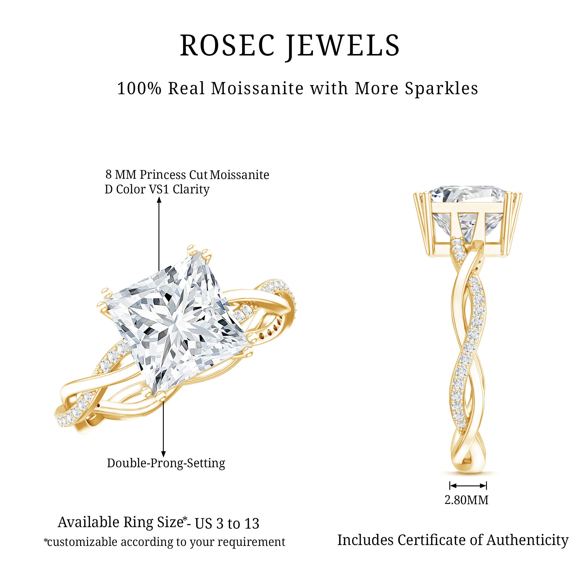 3 CT Princess Cut Moissanite Engagement Ring in Double Prong Setting D-VS1 - Rosec Jewels