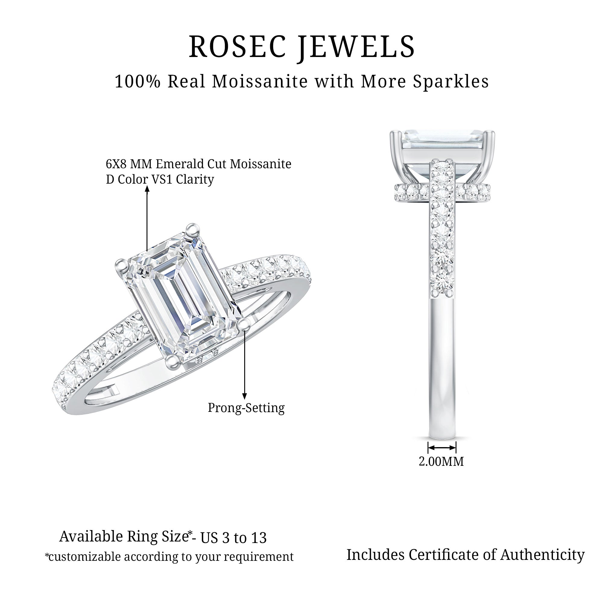 Certified Moissanite Emerald Cut Engagement Ring with Hidden Halo D-VS1 - Rosec Jewels