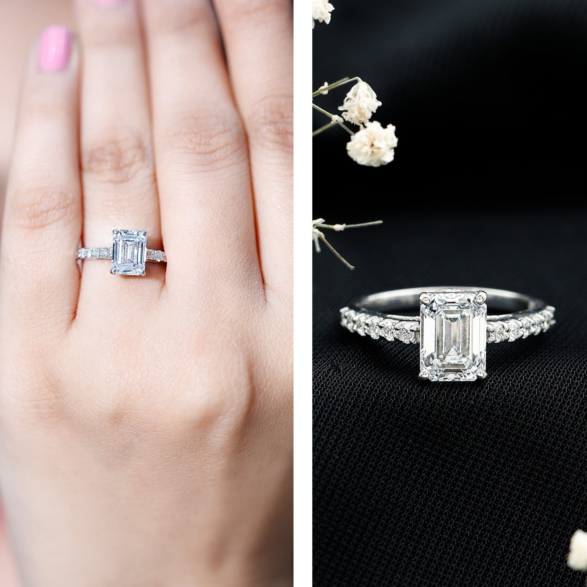 Certified Moissanite Emerald Cut Engagement Ring with Hidden Halo D-VS1 - Rosec Jewels