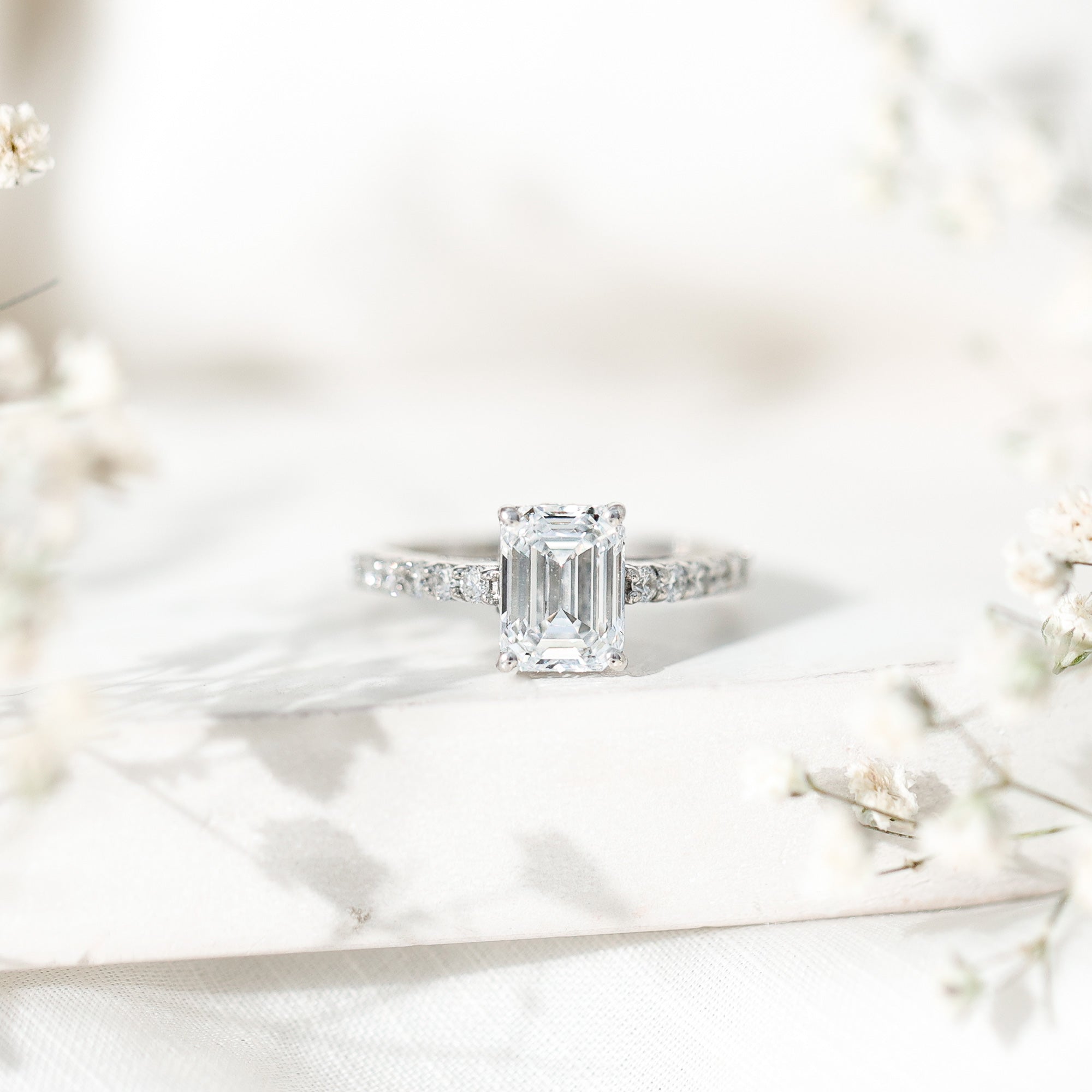 Certified Moissanite Emerald Cut Engagement Ring with Hidden Halo D-VS1 - Rosec Jewels