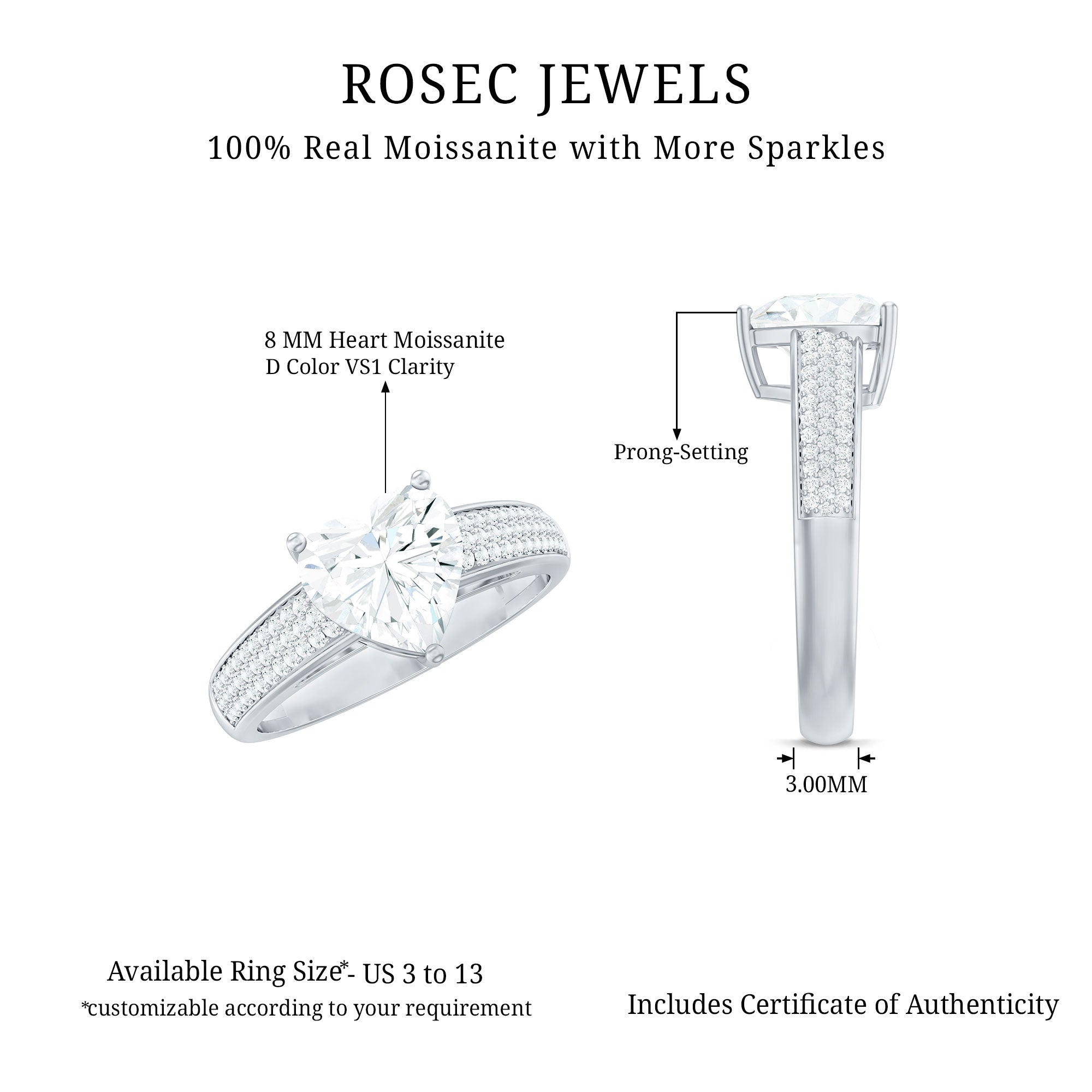 Certified Moissanite Heart Engagement Ring with Side Stones D-VS1 - Rosec Jewels