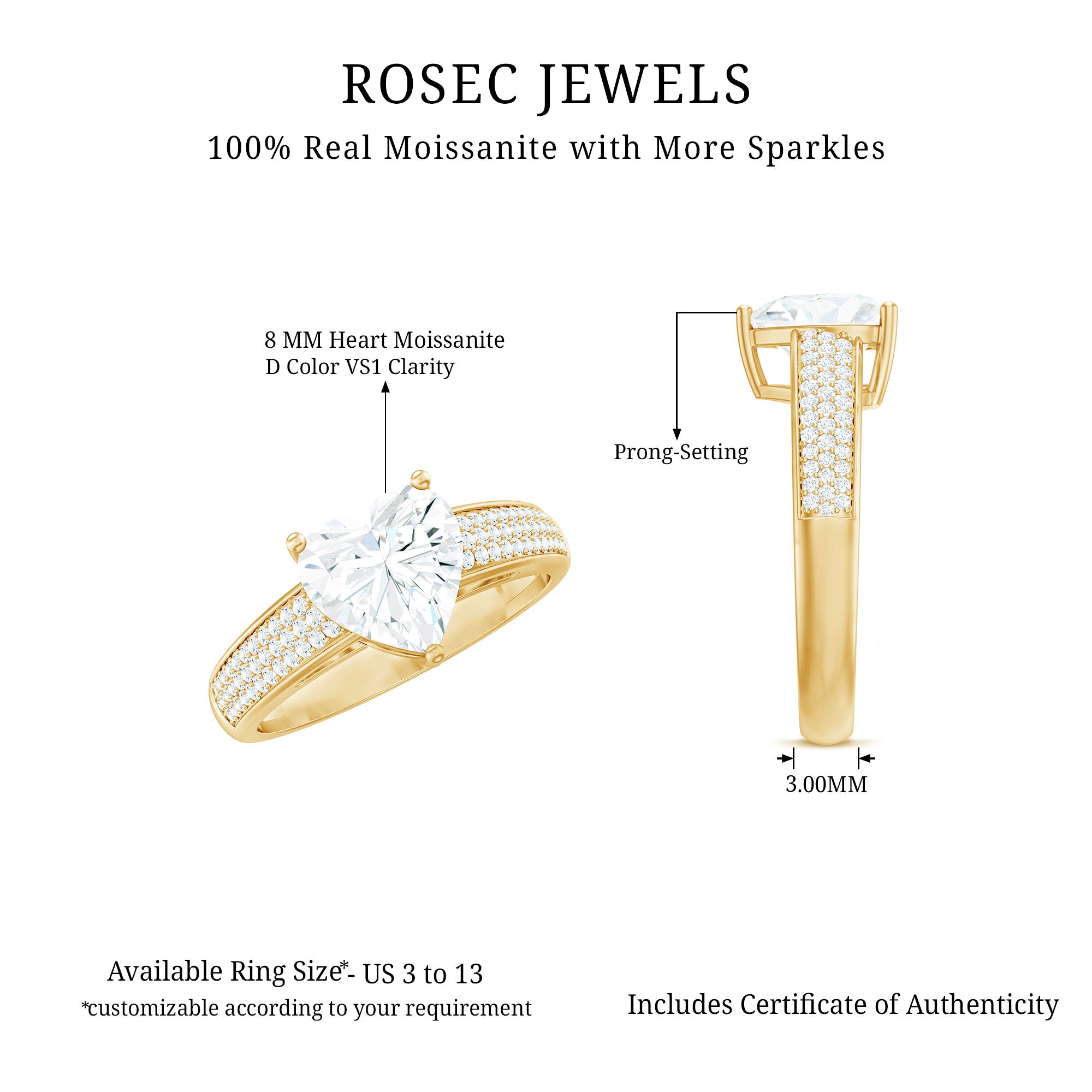Certified Moissanite Heart Engagement Ring with Side Stones D-VS1 - Rosec Jewels