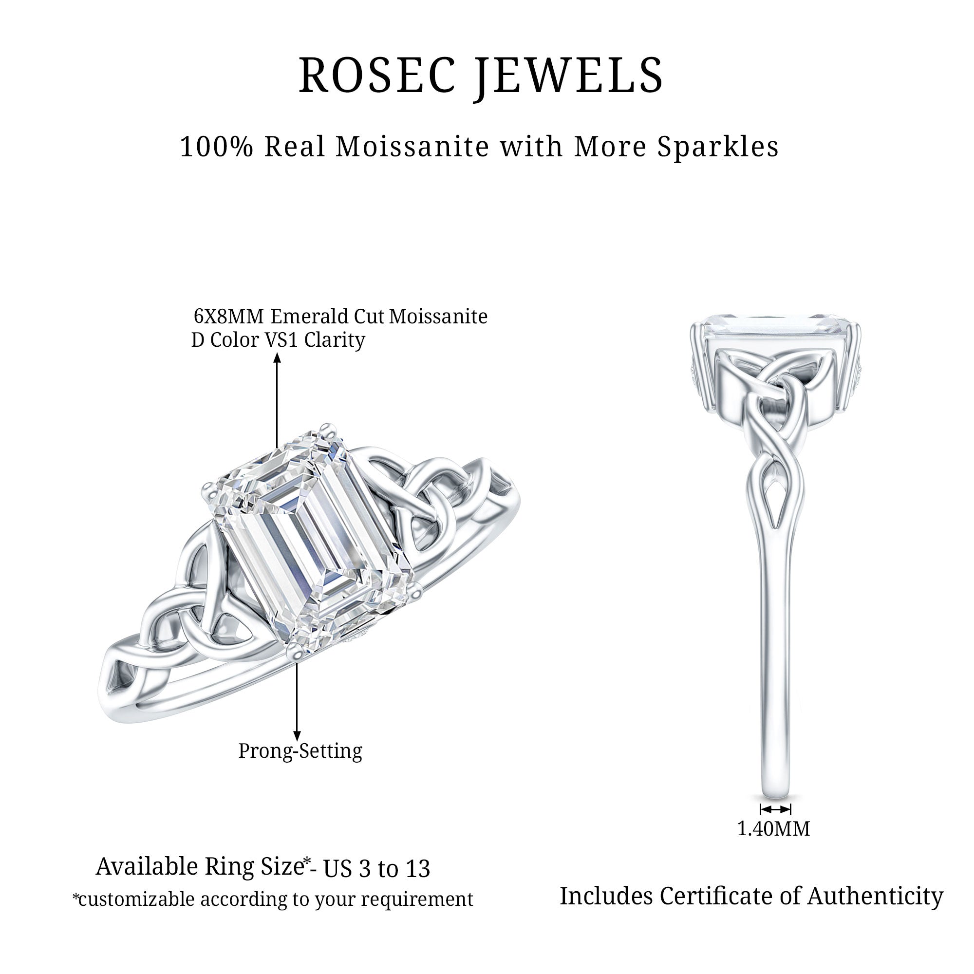 Rosec Jewels-2 CT Moissanite Engagement Ring with Celtic Details