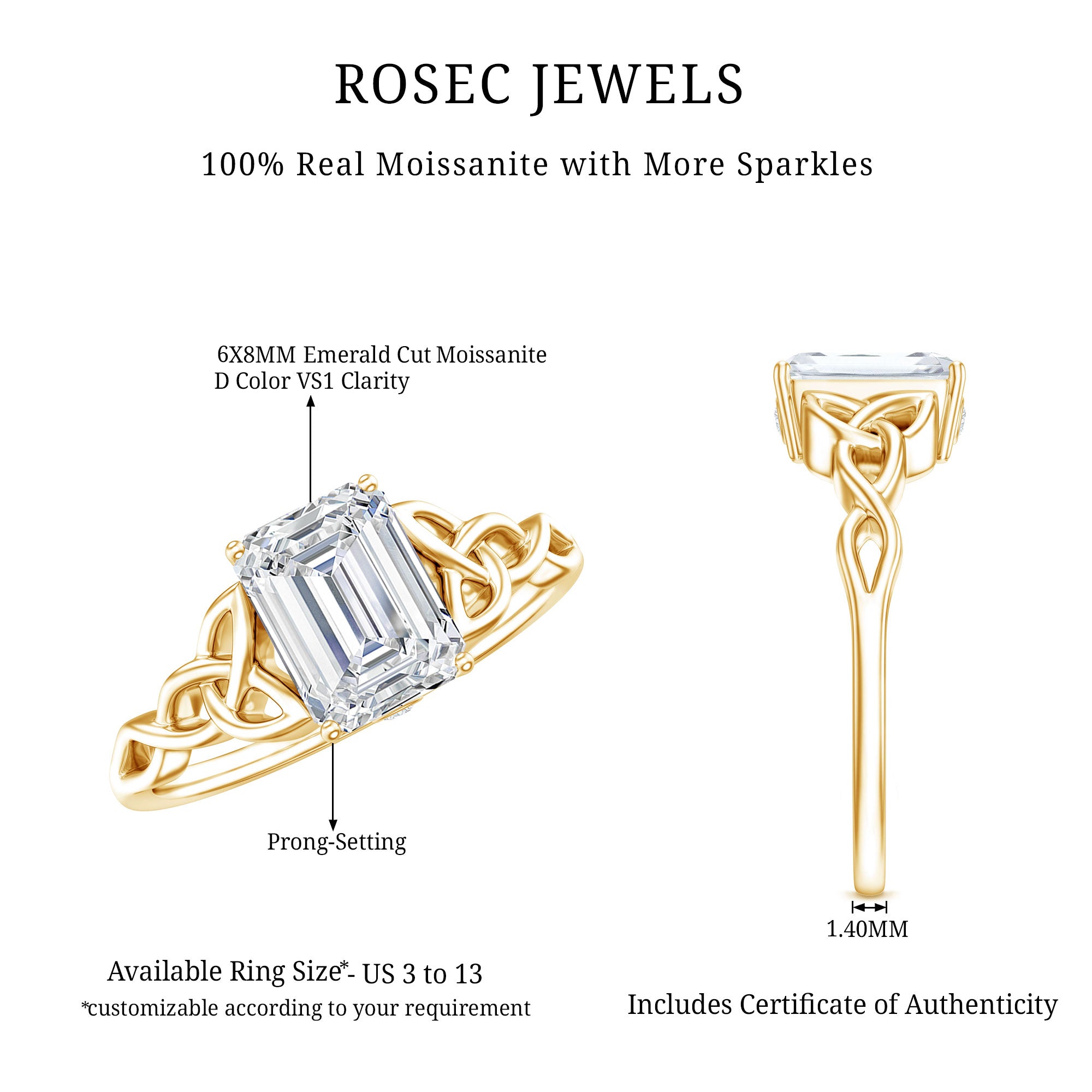 Rosec Jewels-2 CT Moissanite Engagement Ring with Celtic Details