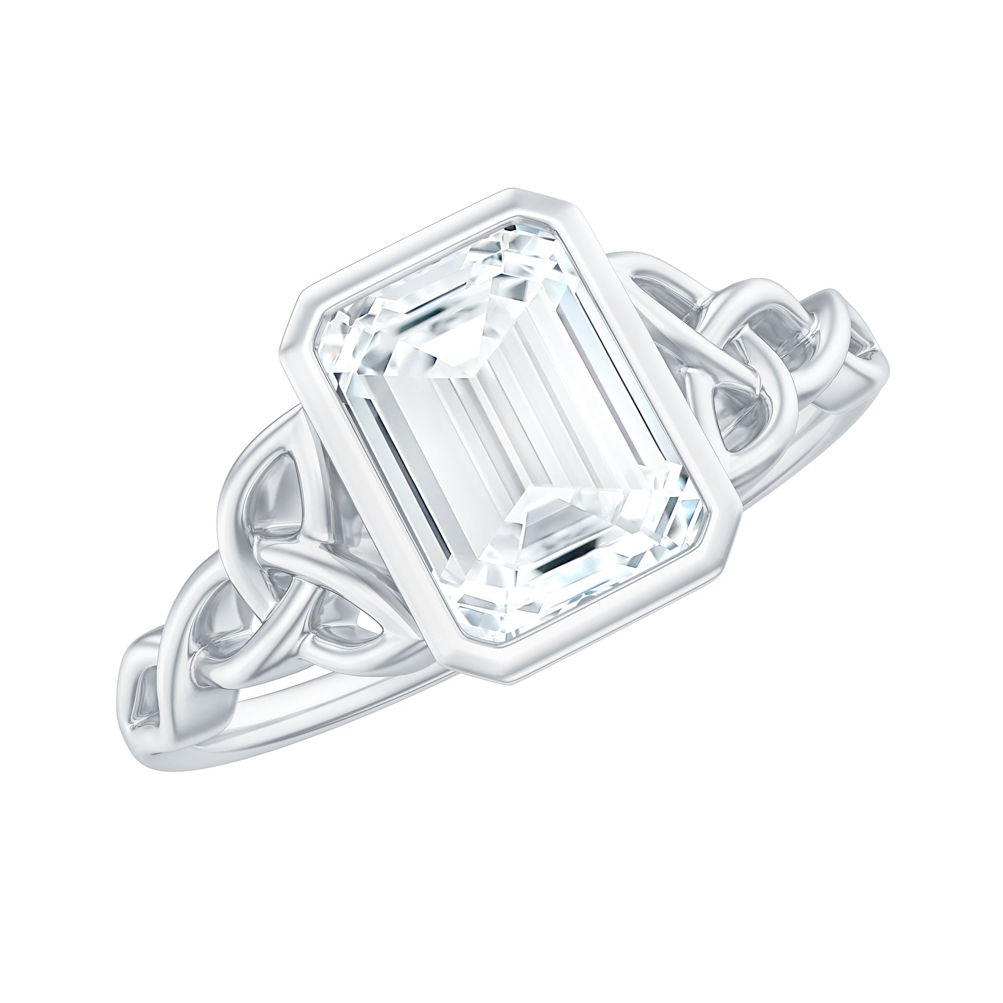 Rosec Jewels-Bezel Set Emerald Cut Moissanite Celtic Engagement Ring