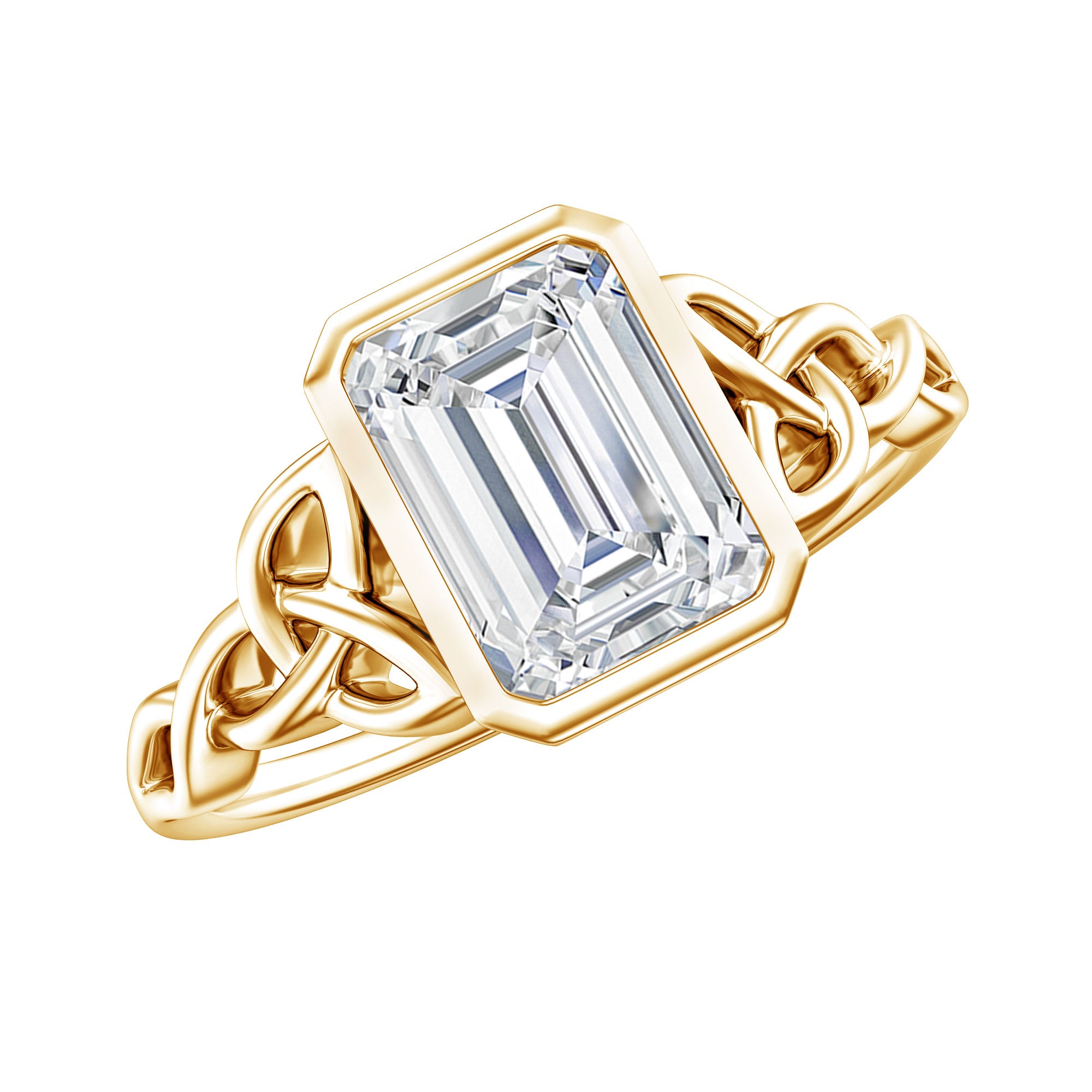 Bezel Set Emerald Cut Moissanite Celtic Engagement Ring D-VS1 - Rosec Jewels